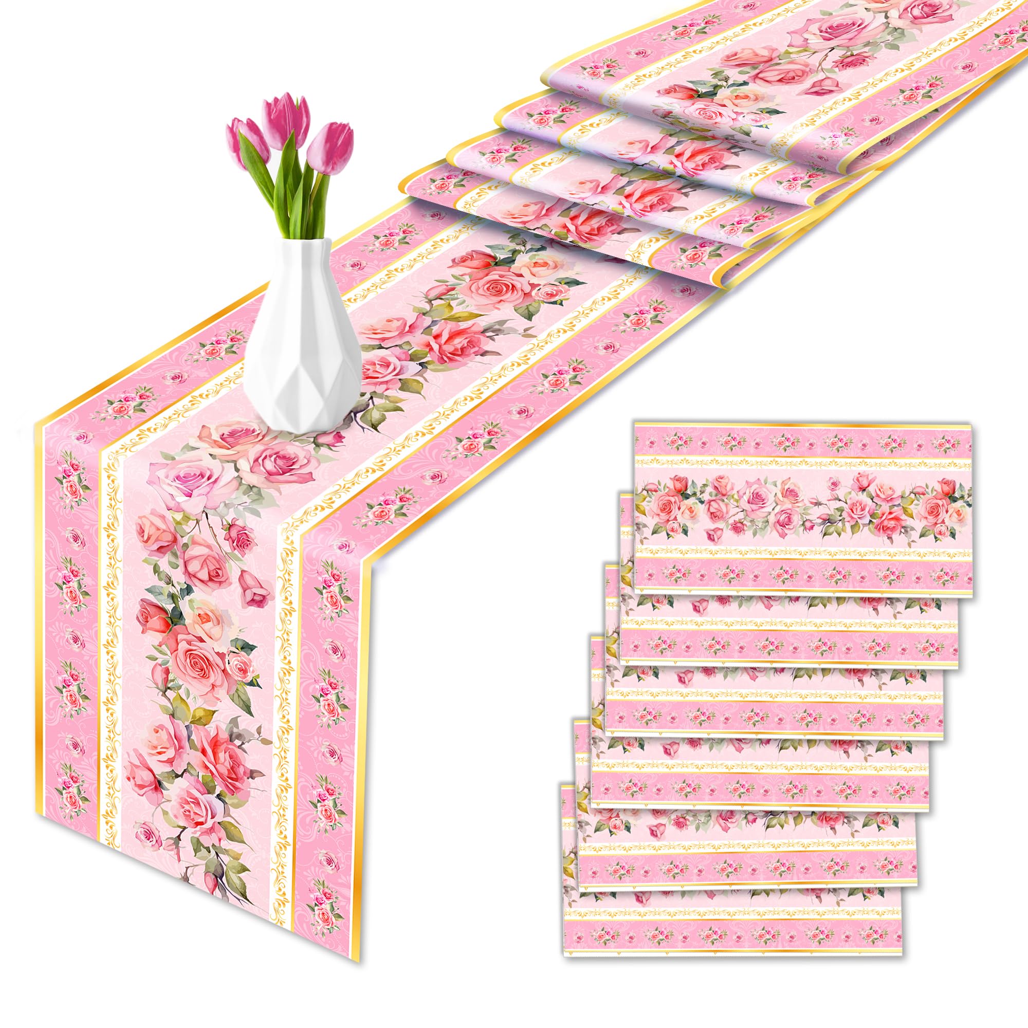 6 Stück Rosa Tischläufer Rosen Motiv – Teatime Frühlings- und Sommer Tischdecke mit Blumen – Tischdeko für Hochzeit, Esszimmer, Gartentisch, Urlaub & Party – 275 x 35 cm