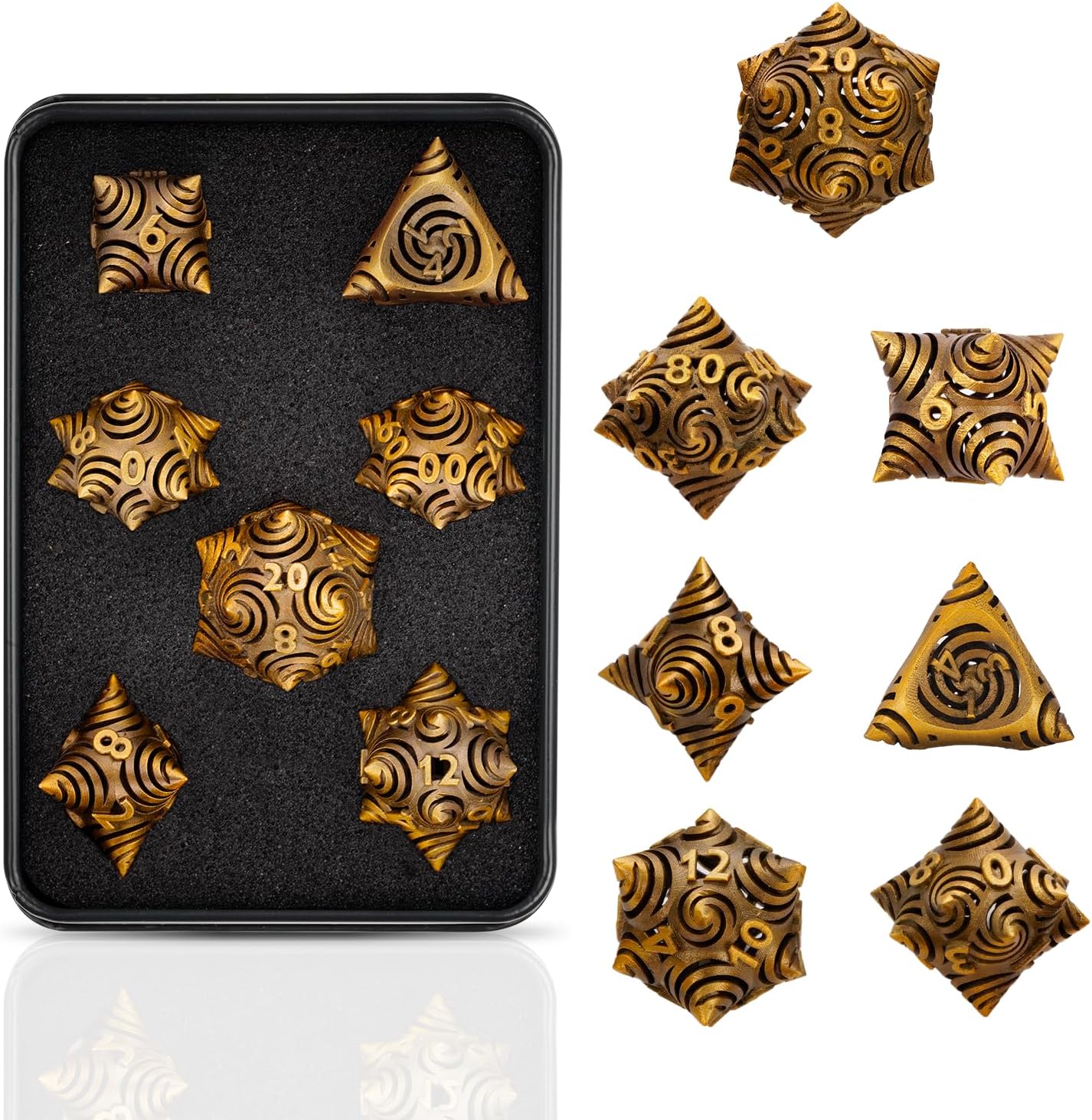 Unique Dice Horn dice Metal Polyhedral Dice Set, 7-Piece Vintage Bronze Spiral Design, D4 D6 D8 D10 D12 D20 D100