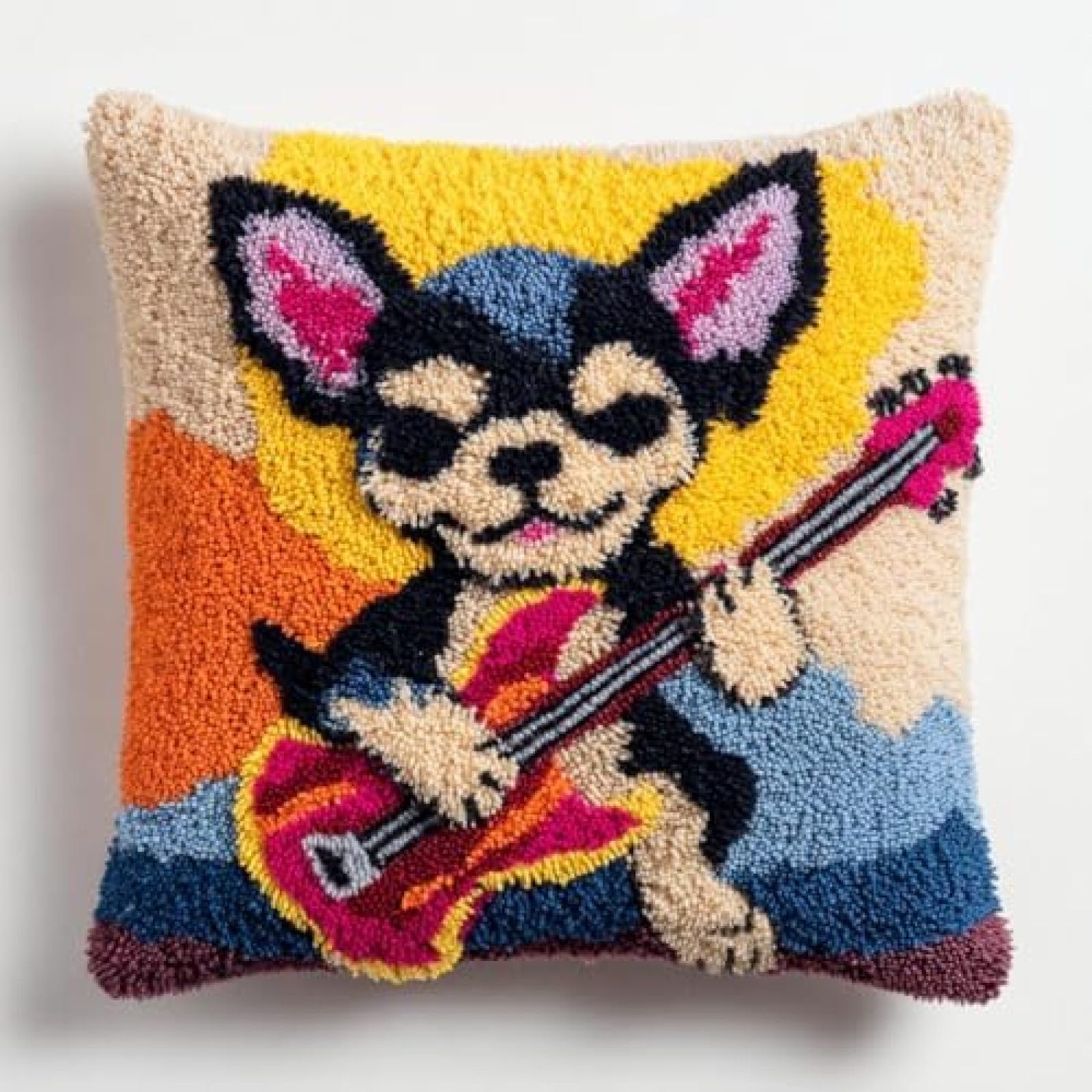 kitphoenix Latch Hook Kit for Adults Beginners,Chihuahua Long Hair Playing Guitar,DIY Cushion Cover Craft Kit with Pre-Printed Canvas,Yarn and Hook,43x43 cm Pillow Cover Making Set