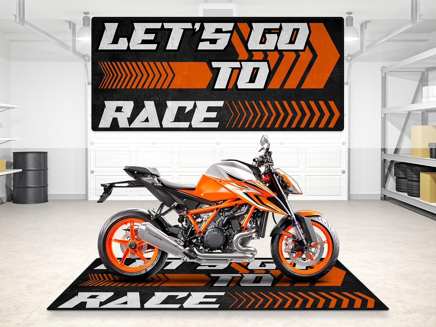 MPM Motorcycle Mat for KTM Let's Go to Race Washable Non-Slip Oil & Water Resistant Parking Pit Mat for Garage, Showroom, Workshop Use | Size 1: 86.6 x 39.4/220 x 100 cm