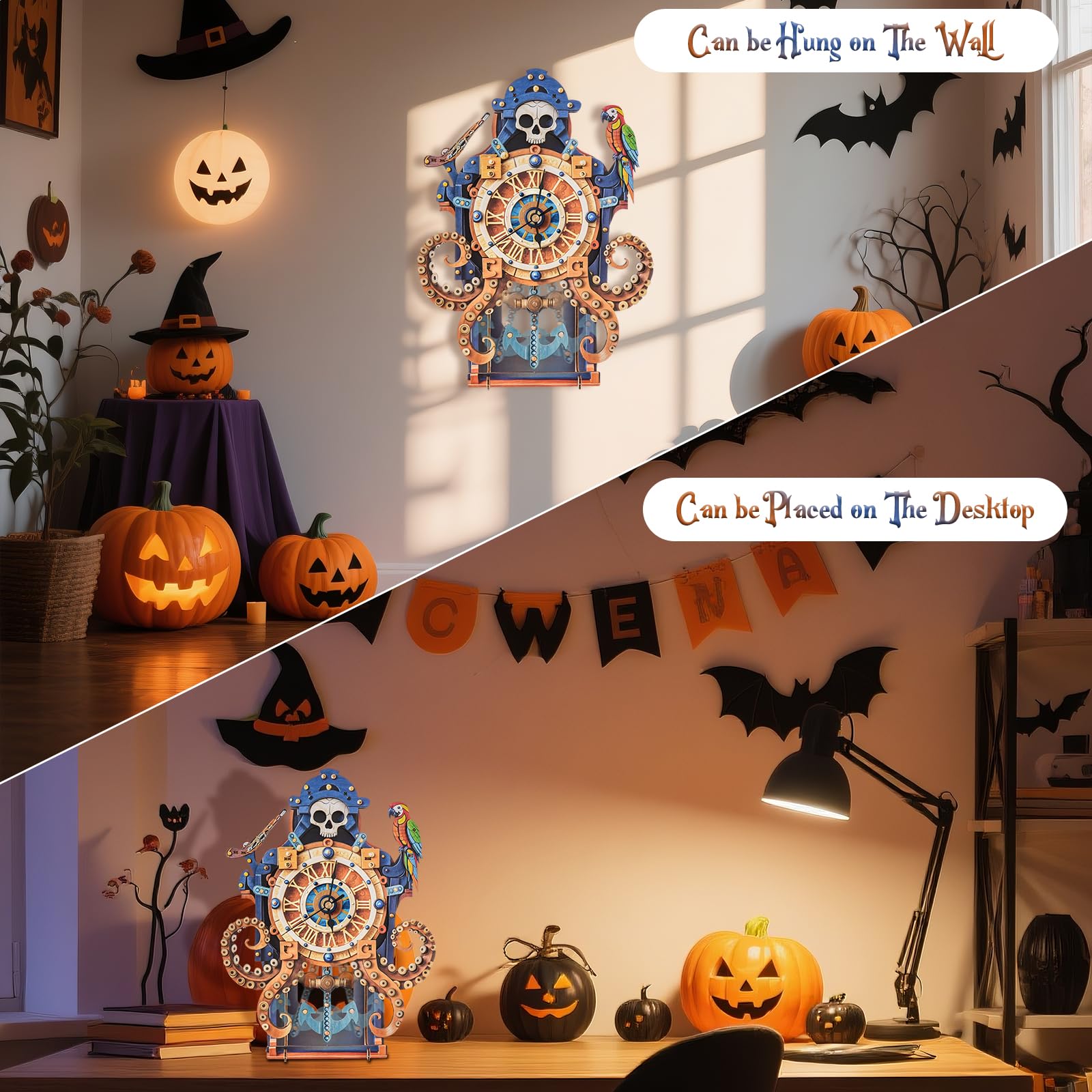 Lilcubics 3D Wooden Puzzles for Adults Clock Kit Octopus Pirate Mechanical Wooden Model Kits for Adults to Build 3D Puzzle Gifts for Halloween Home Decor - Image 3