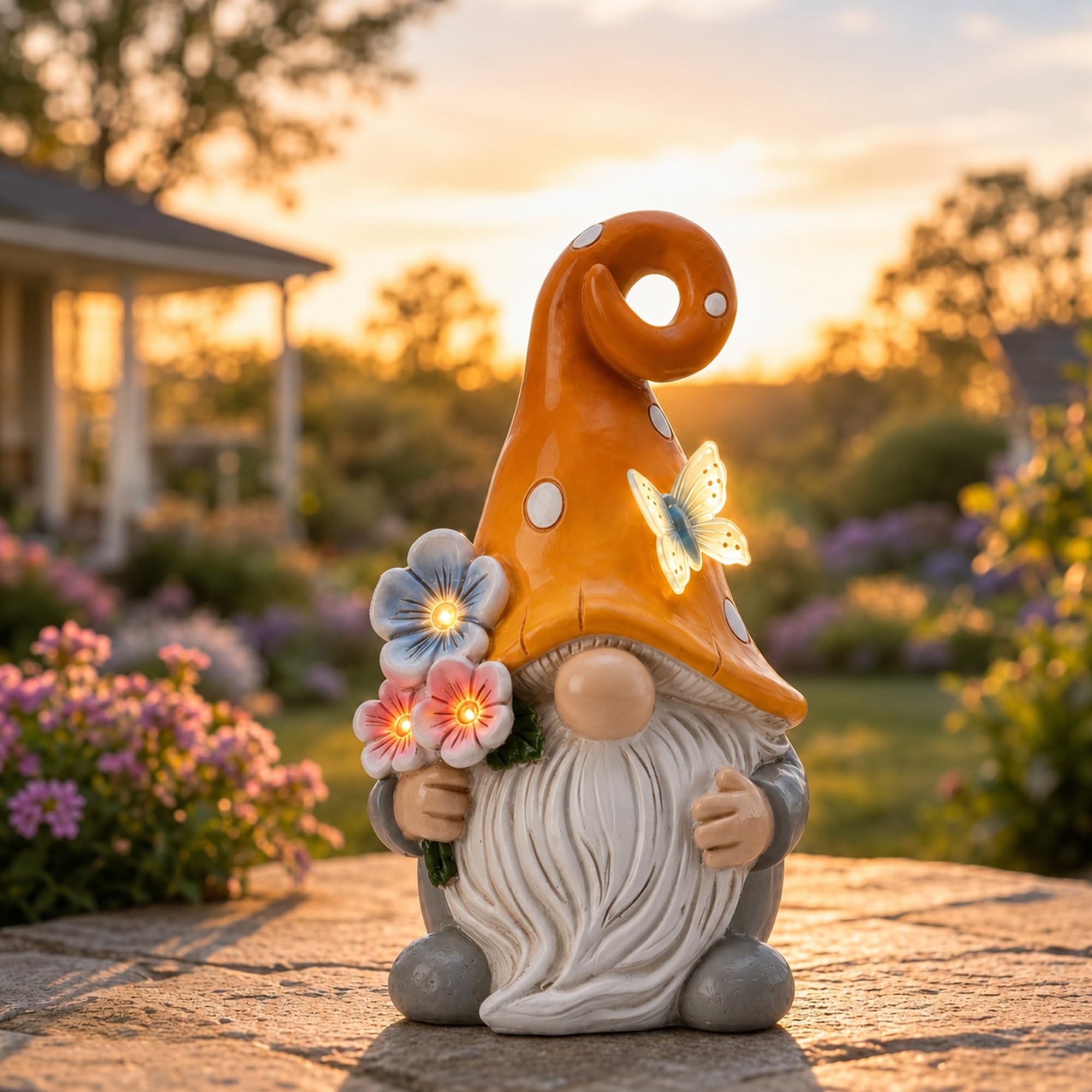 Yeomoo Solar Gnome Garden Ornaments with Butterfly & Flowers Fairy Lights
