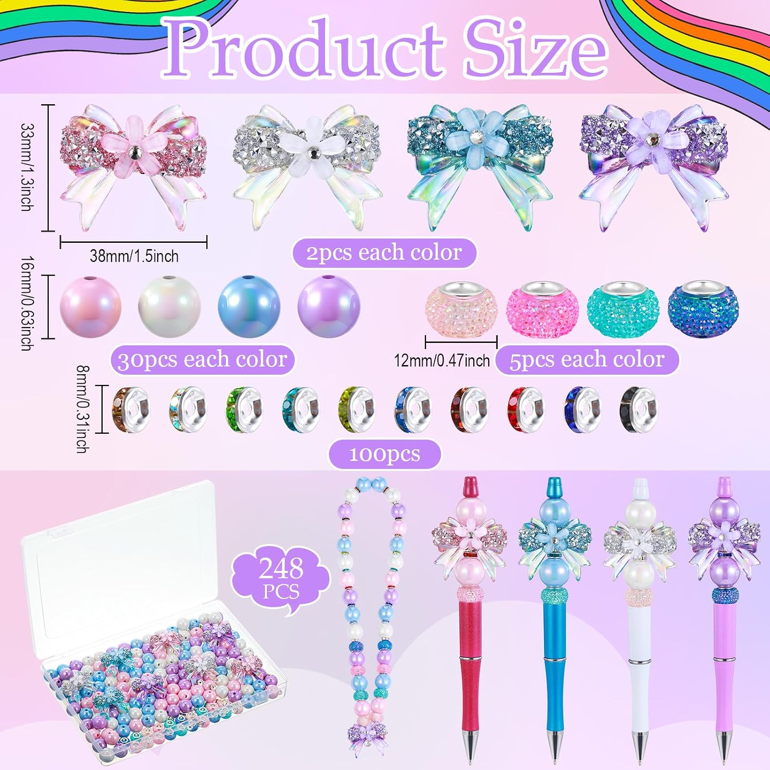 248 Pcs Butterfly Focal Beads for Pens Acrylic 3D Focal Beads Bulk Acrylic Loose Bow Rhinestone for Beadable Pen Keychain Making Jewelry Bracelet Necklace DIY Charms Crafts (Bright Color)
