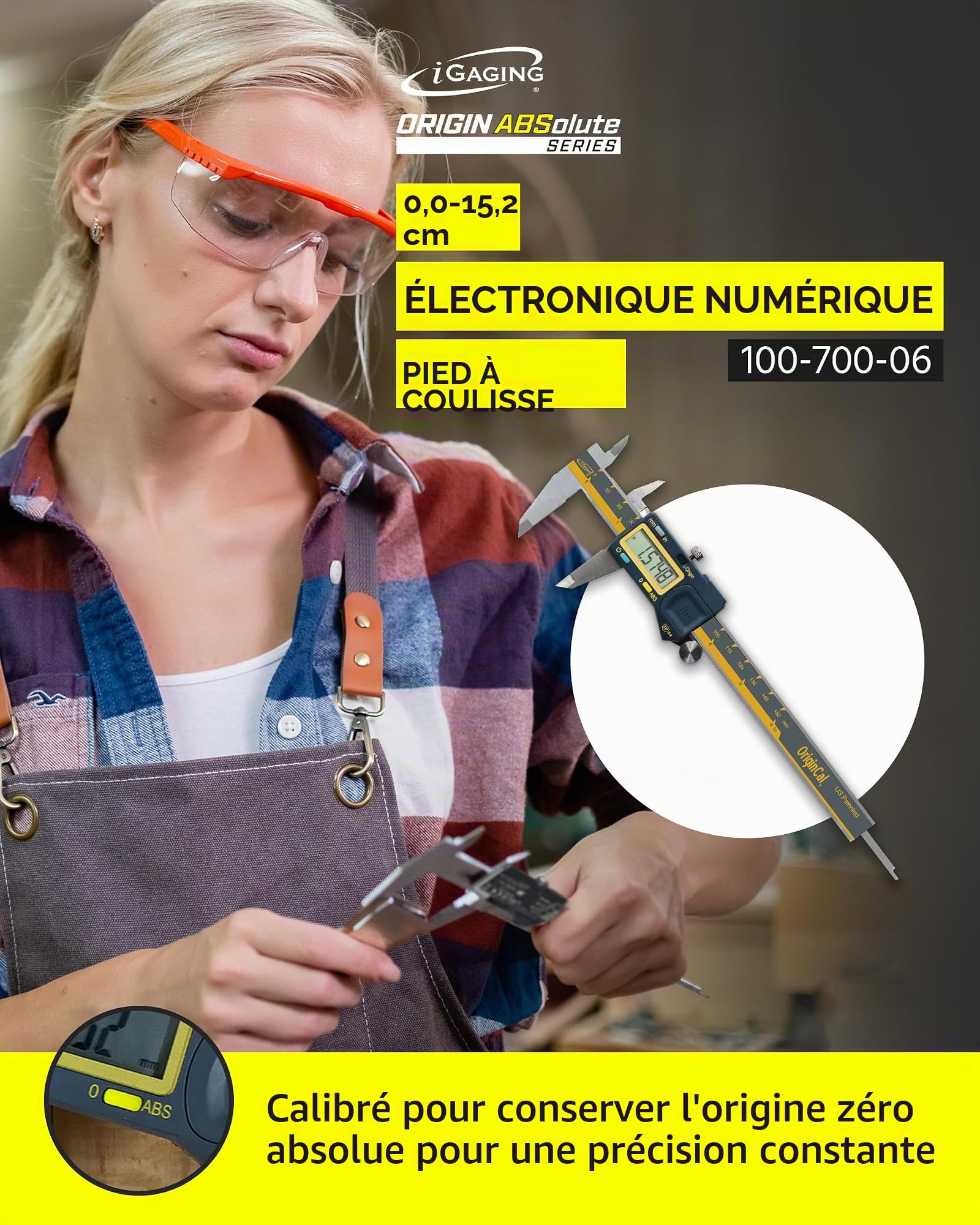 iGAGING Absolute Origin Pied à coulisse numérique 0-152 mm (0-6"), acier inoxydable IP54, port de sortie SPC/USB, modes pouce et métrique, étui, manuel
