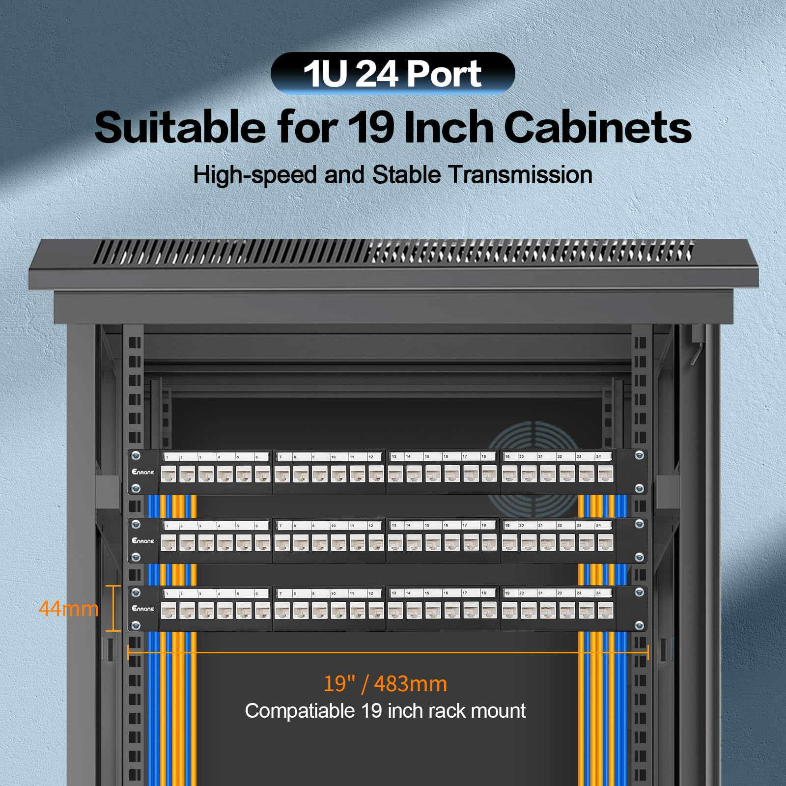 Panneau de brassage 24 ports Cat6 Keystone Jack coudé à 90° Ethernet Punch Down pour rack 1U 19" panneau de brassage réseau avec barre de support de câble