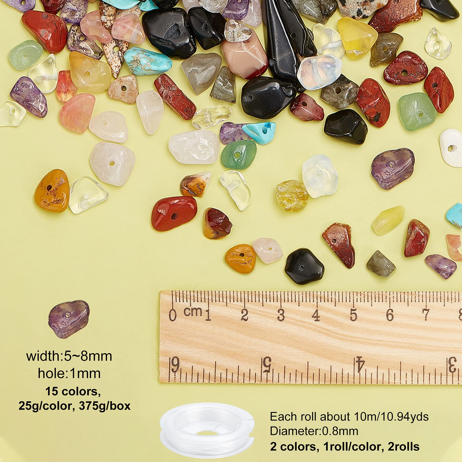 NBEADS 1 Box Crystal Chips Perlen, 15 Materialien Chips Unregelmäßige Perlen Natürliche Edelsteine Perlen Mit 2 Rollen Elastischer Faden Für Schmuckherstellung DIY Handwerk Craft, Ca. 5~8 mm Breit