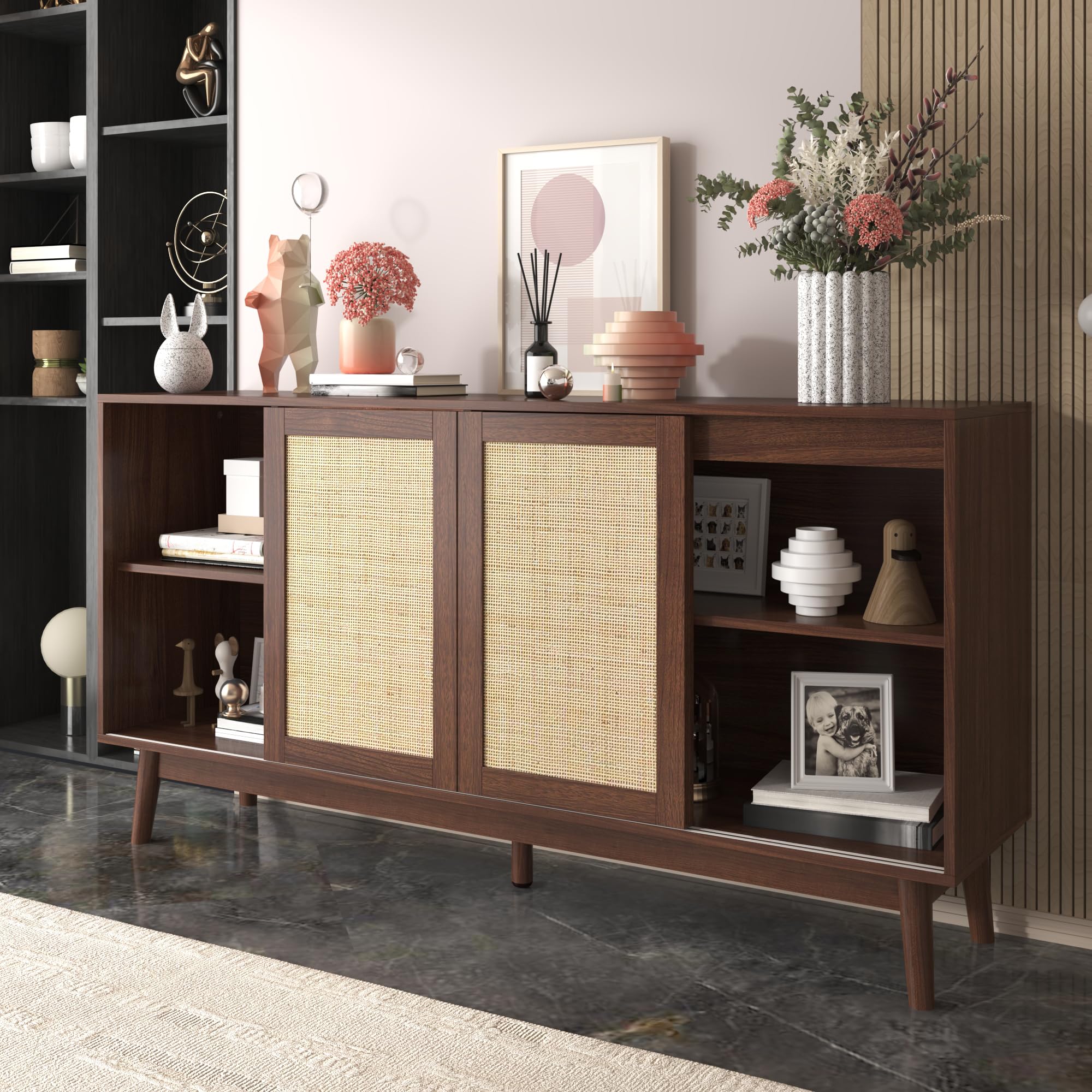 Sideboard 155x38x80 Cm Mit Rattan Schiebetüren 2 Schubladen Holzfüße Atmungsaktiv Stauraum Buffetschrank Anrichte Wohnzimmer Schrank Regal Mit Türen Für Flur Esszimmer