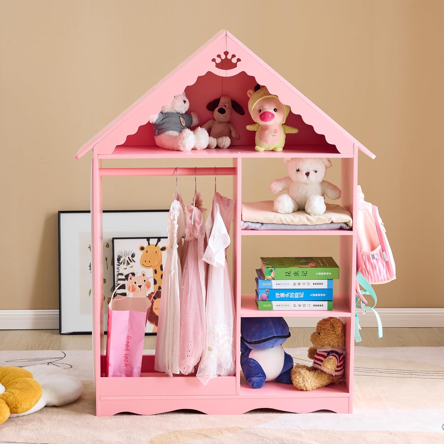 Karl home Dollhouse-Shaped Kids Dress Up Storage with Mirror & Cute Print, Princess Open Hanging Armoire Closet with Storage Shelves, Children Pretend Costumes Wardrobe Closet, Pink