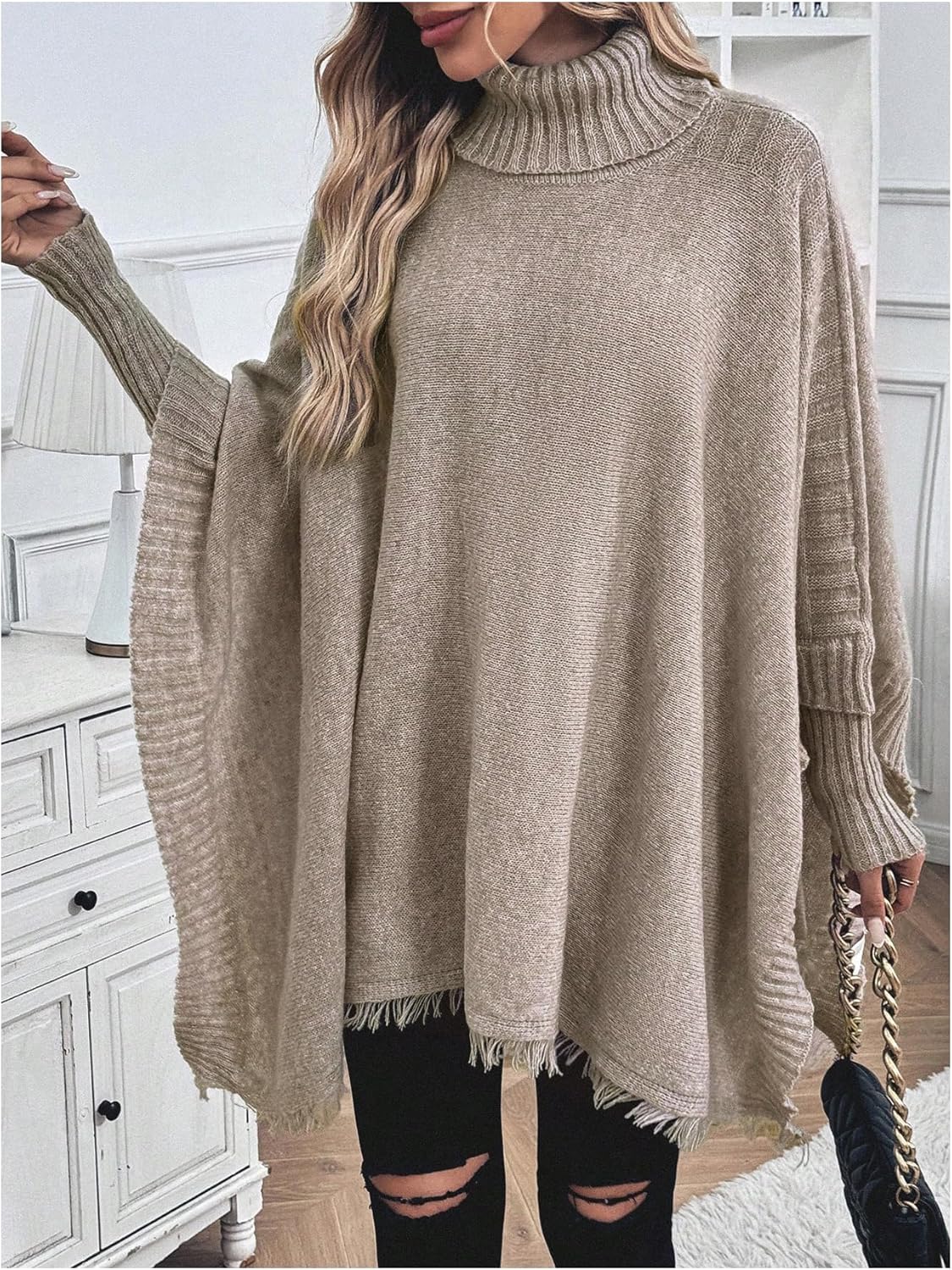 MakeMeChic Women's Poncho Sweater Long Sleeve High Neck Distressed Hem Fall Pullover Tops - Image 2