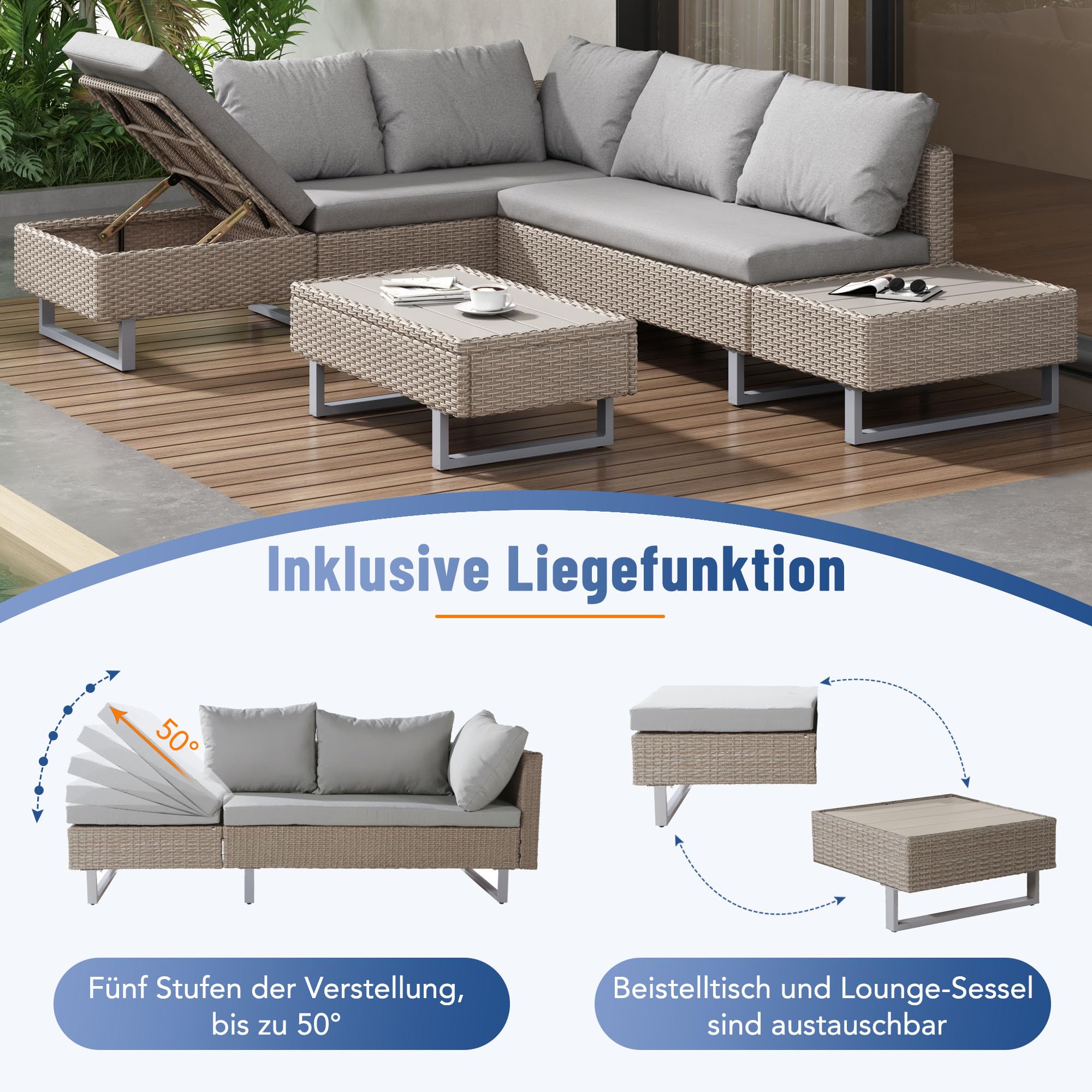 Rtopsu Set di Divani da Giardino in Polyrattan per 5 Persone, Mobili da Giardino Lounge Balcone Mobili da Patio con Divano Angolare Tavolo in Cuscini per Patio Giardino Balcone, Kaki