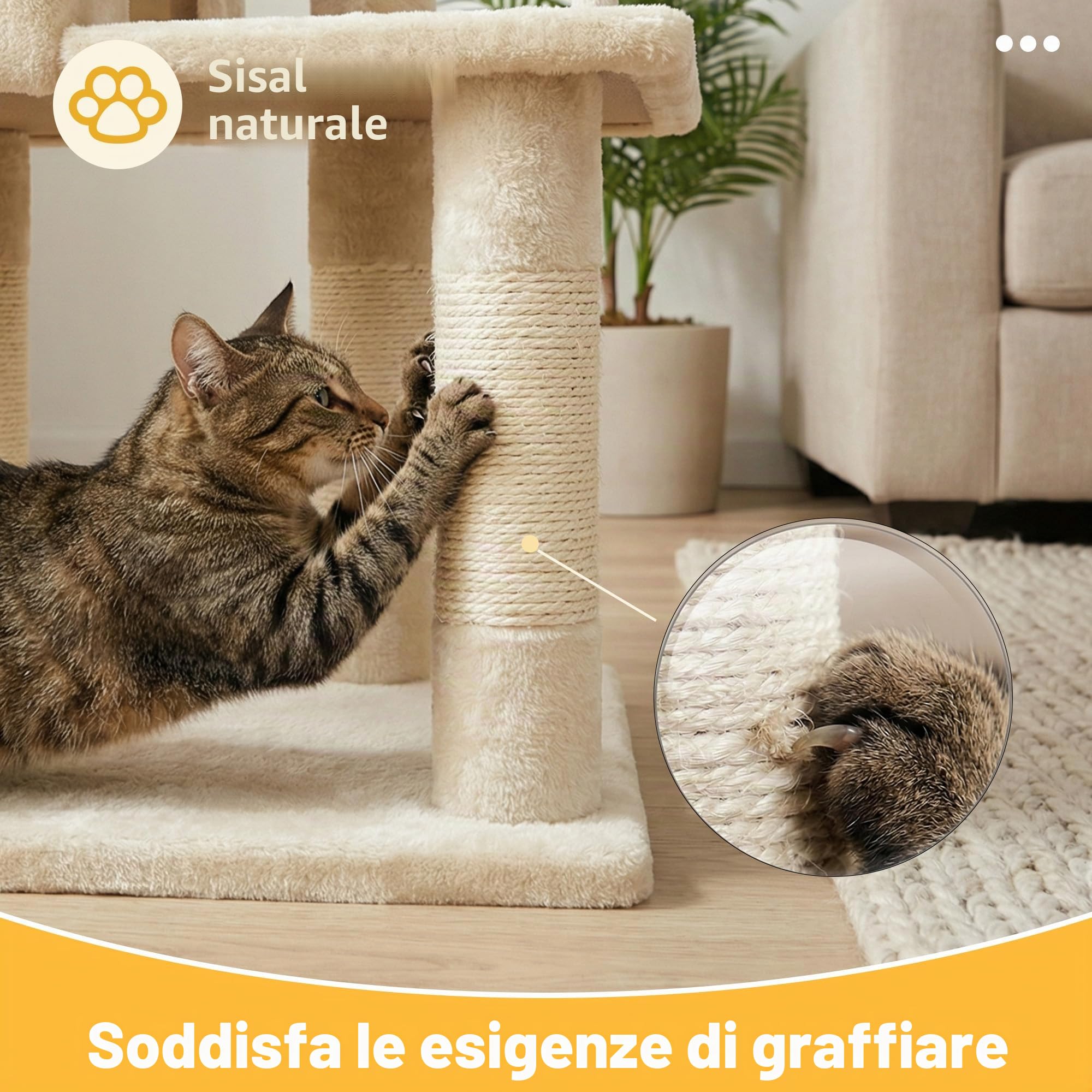 Hey-brother Tiragraffi per Gatti, con Cuccia, Topolino finto, MPJ004SM | 110cm Albero per Gatti Multilivello, Cesta, Piattaforme in Peluche, Pompon, Ideale per gattini da interno, Beige