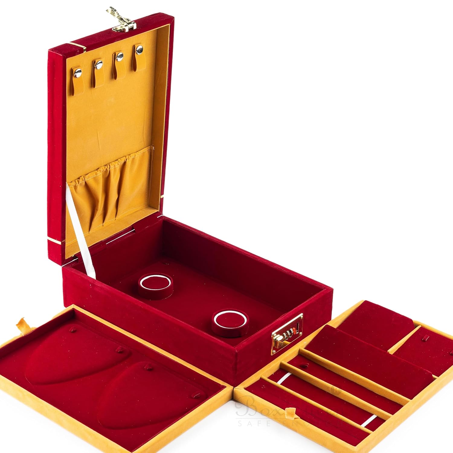 Box Queen Velvet Jewelry Box, Lockable Organizer with Removable Trays, Storage for Haaram, Earrings, Bangles, Necklaces, Chains & Bracelets, Travel-Friendly, Ideal Gift for Women & Girls (Red-12×8)