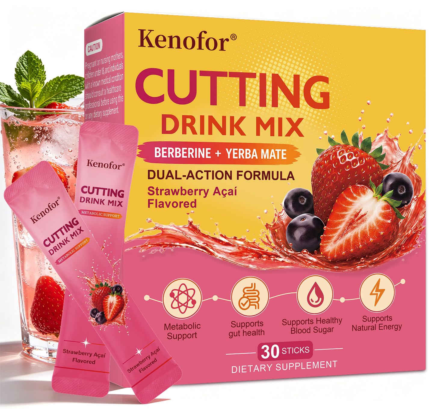 Cutting Drink Mix, Berberine, Chromium, FOS, Magnesium Citrate, Yerba Mate & 5-HTP, Energy & Gut Health, Metabolic Support, Sugar-Free, Vegan, Non-GMO, Strawberry Açaí Flavored - 30 Sticks