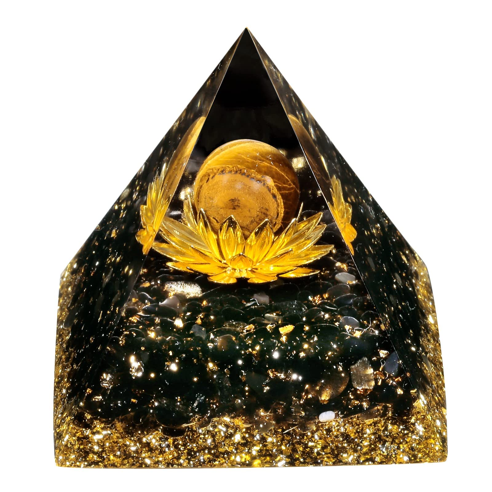 Pyramide oeil de tigre pour méditation et décoration zen du salon ou espace yoga