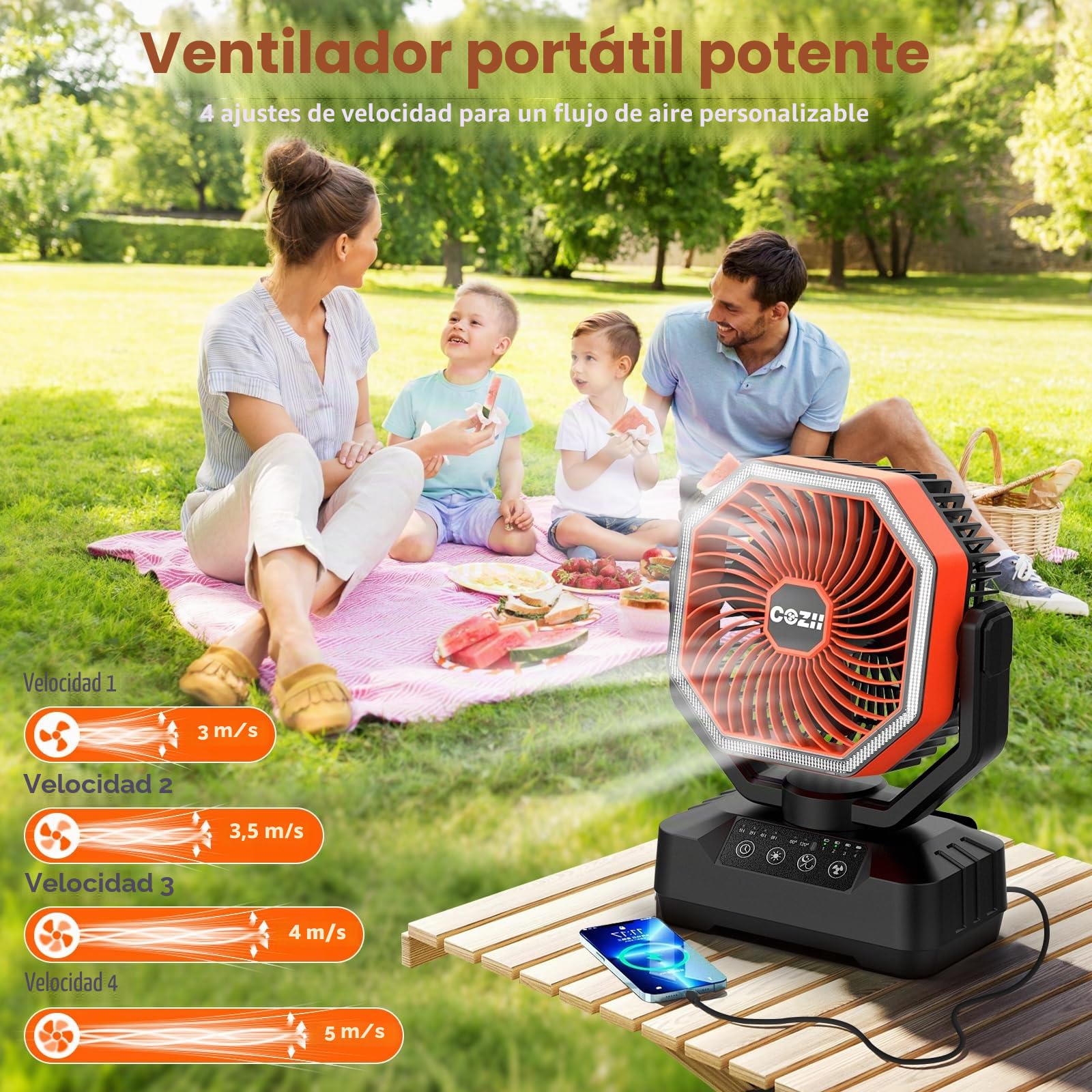 COZII Ventilador Camping 20000mAh Recargable, Ventilador Portatil Oscilante Funciona Pilas, Ventilador de Mesa con 4 Potente Vientos, Ventilador Camper Ideal para Libre, Pesca, Viajes y Oficina