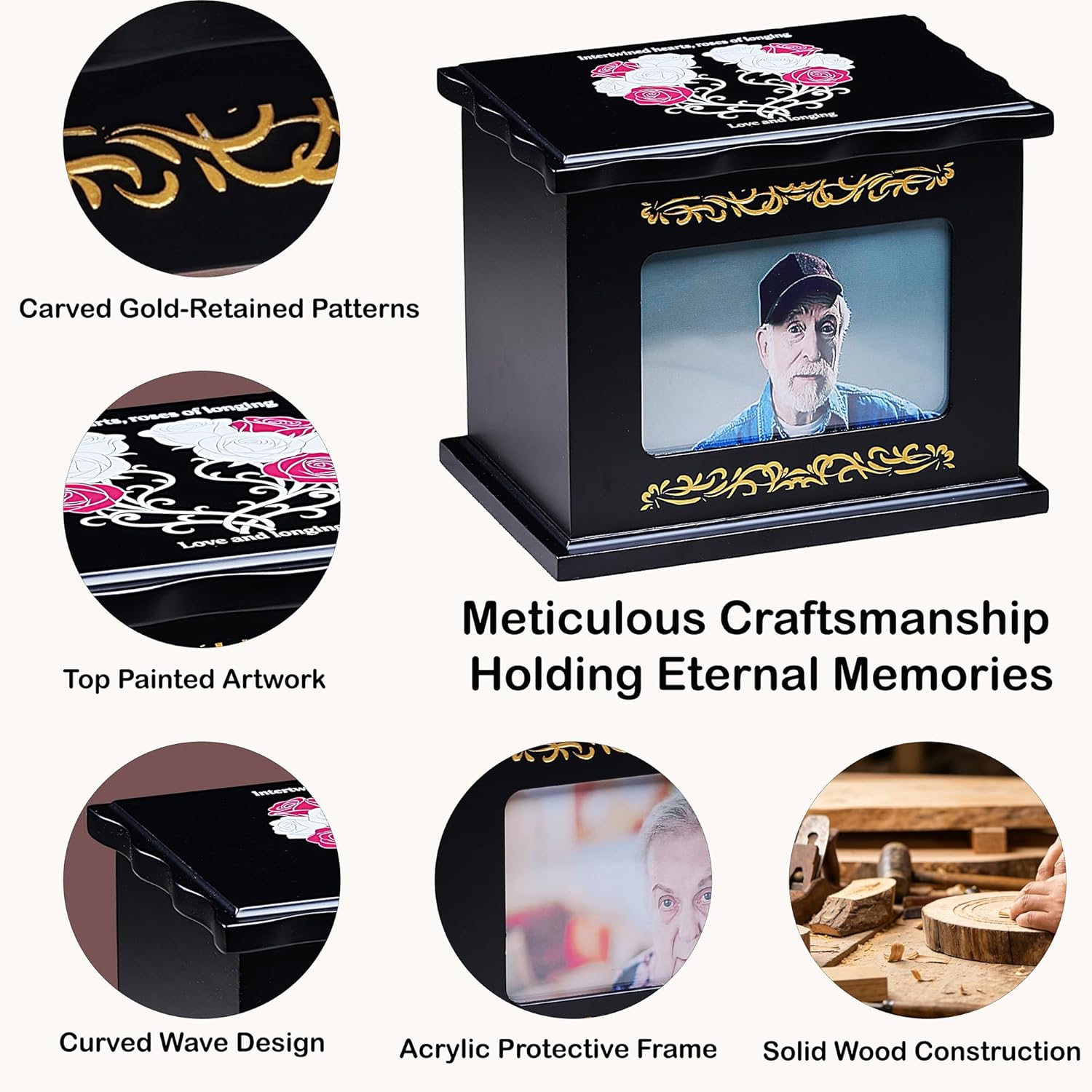 Red & White Rose Solid Wood Memorial Urn with Photo Frame Crafted Black & Gold Funeral Urn for Human Ashes & Large Pets, Fits Loved Ones Up to 260 lbs Body Weight