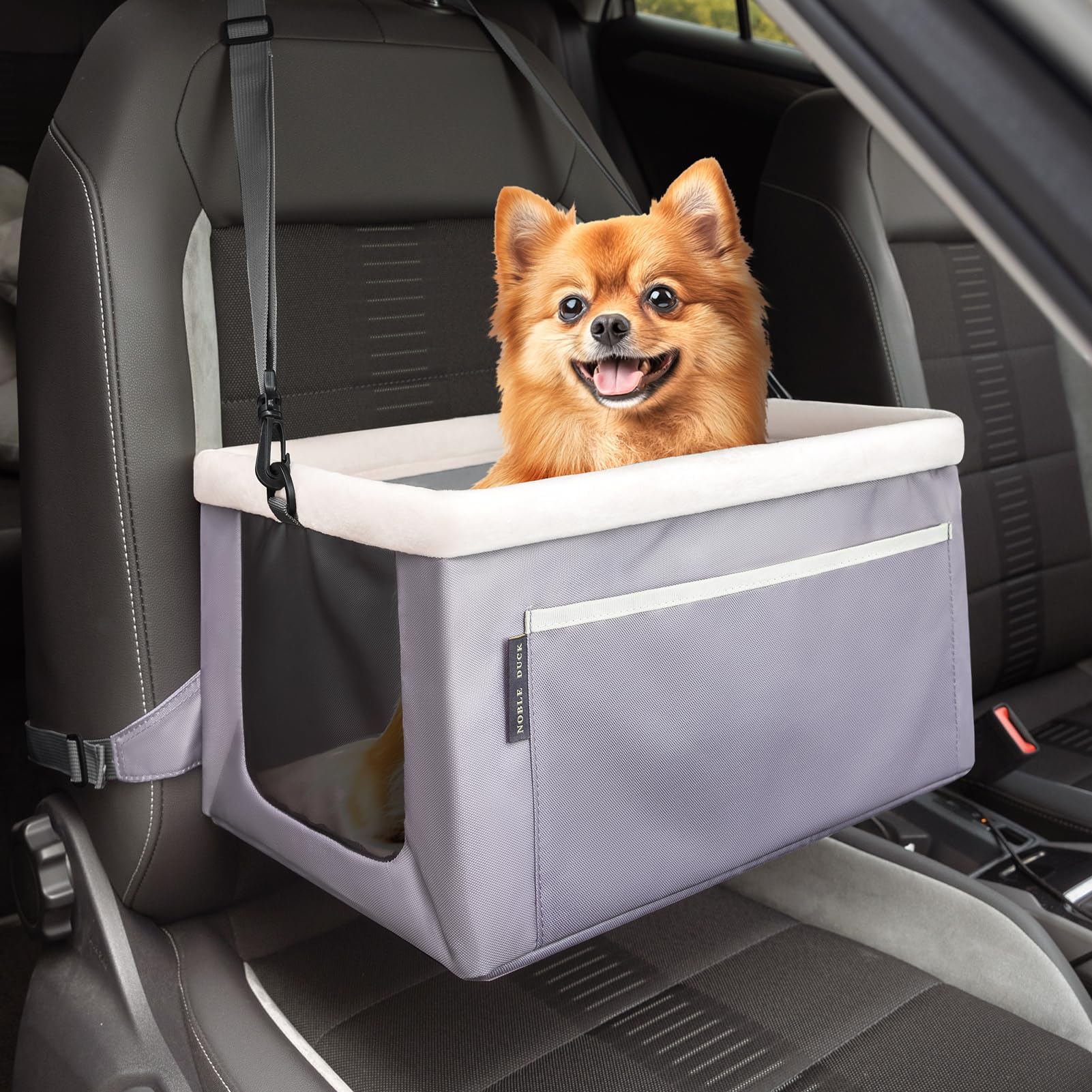 Pet Reinforce Dog Car Seat, Upgraded Dog Booster Seat with Sturdy Metal Frame for Small Pets Under 20lb, Portable and Breathable Puppy Car Seat with Storage Pockets and Safety Leash (Gray