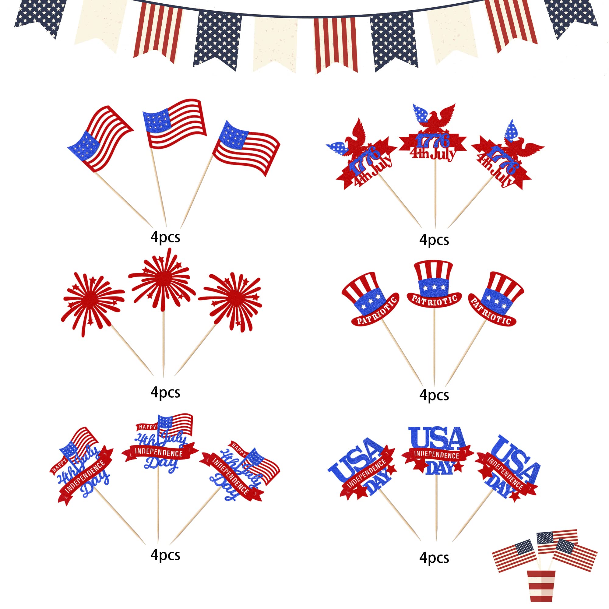 24 Stück Happy Independence Day Cupcake Topper – US-Flagge & Sterne Design – Für 4th Of July Party & Patriotische Deko