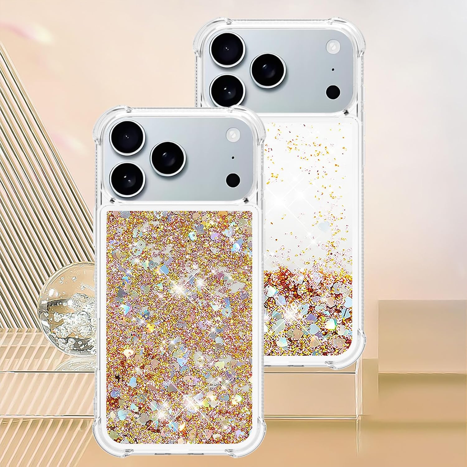 Glitter Case for iPhone 17 Pro Clear Flowing Liquid Quicksand Sparkly Bling Soft TPU Bumper Shockproof Protective Phone Cover for Apple iPhone 17 Pro 6.3 inch. YBL Love Gold - Image 6