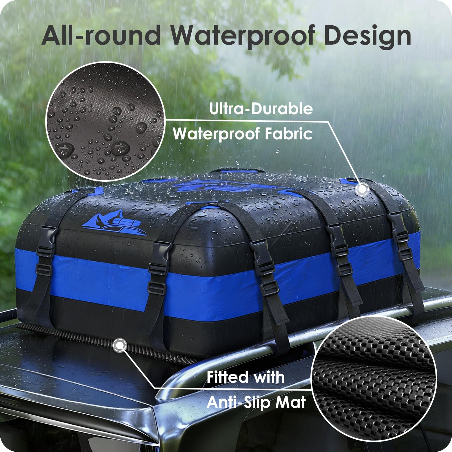 BATSUVCER Car Rooftop Cargo Carrier Bag 20 Cubic Feet, 100% Waterproof Heavy Duty Car Roof Bag for All Vehicle with/Without Racks - Anti-Slip Mat, 6 Door Hooks, Storage Bags, 5CM Straps(Blue) - 3