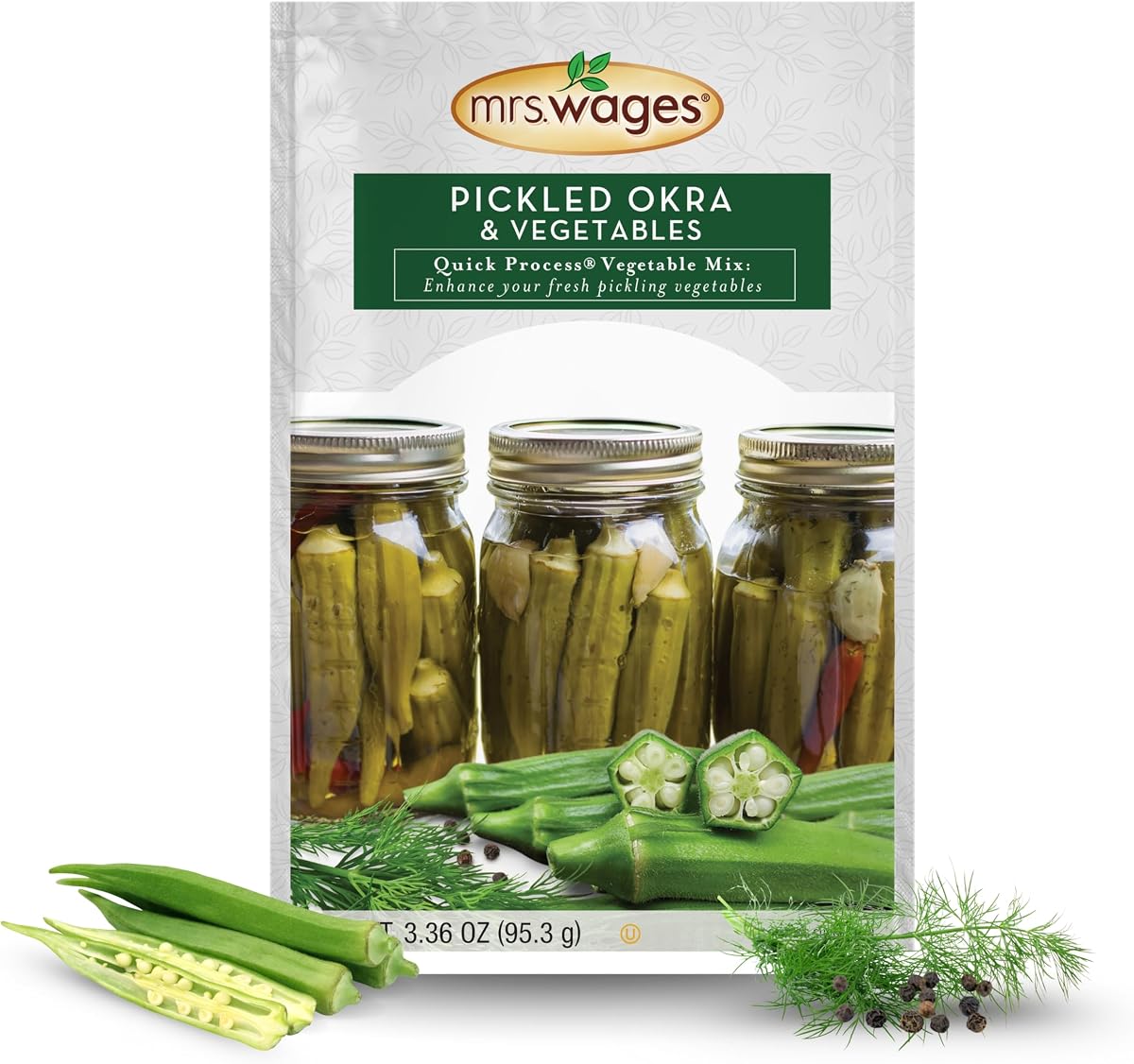Mrs. Wages Pickled Okra and Vegetables Quick Process Mix, 12, 3.4oz packets | Southern-style pickled okra mix—easy to prepare and ready in 24 hours for crisp, flavorful snacks and sides