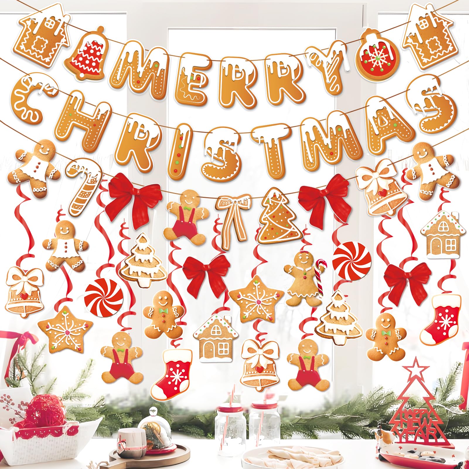 Homarkable Merry Christmas Banners, Gingerbread Theme, Pre-Strung Holiday Party Décor with 20 Hanging Swirls for Home, Office, and School Celebrations — image 1