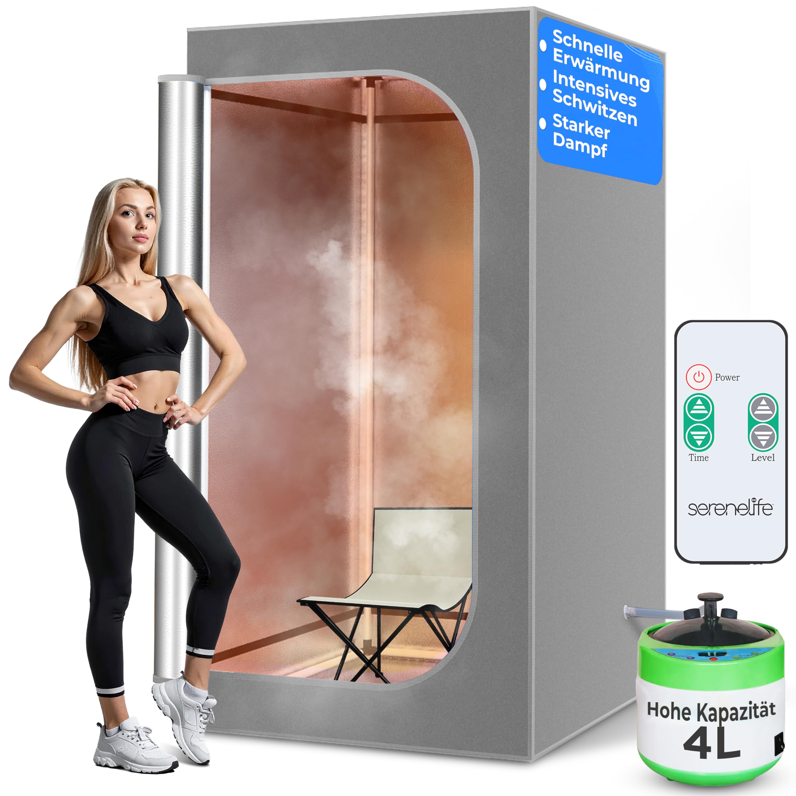 SereneLife Dampfsauna Grau 90×90×180 cm – Mobile Heimsauna mit klappbarem Stuhl und Dampfgenerator Faltbare Mini Sauna für Zuhause, Tragbare Wärmekabine bis 50 °C, Fernbedienung und Timer-Steuerung