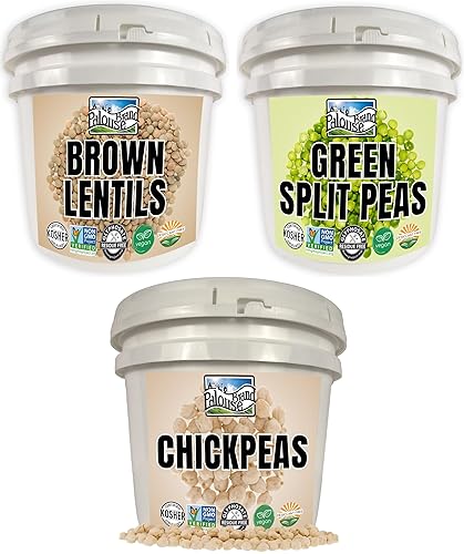 Suministro de cubo de legumbres de emergencia 75 libras Garbanzos lentejas y guisantes verdes divididos 25 libras cada uno