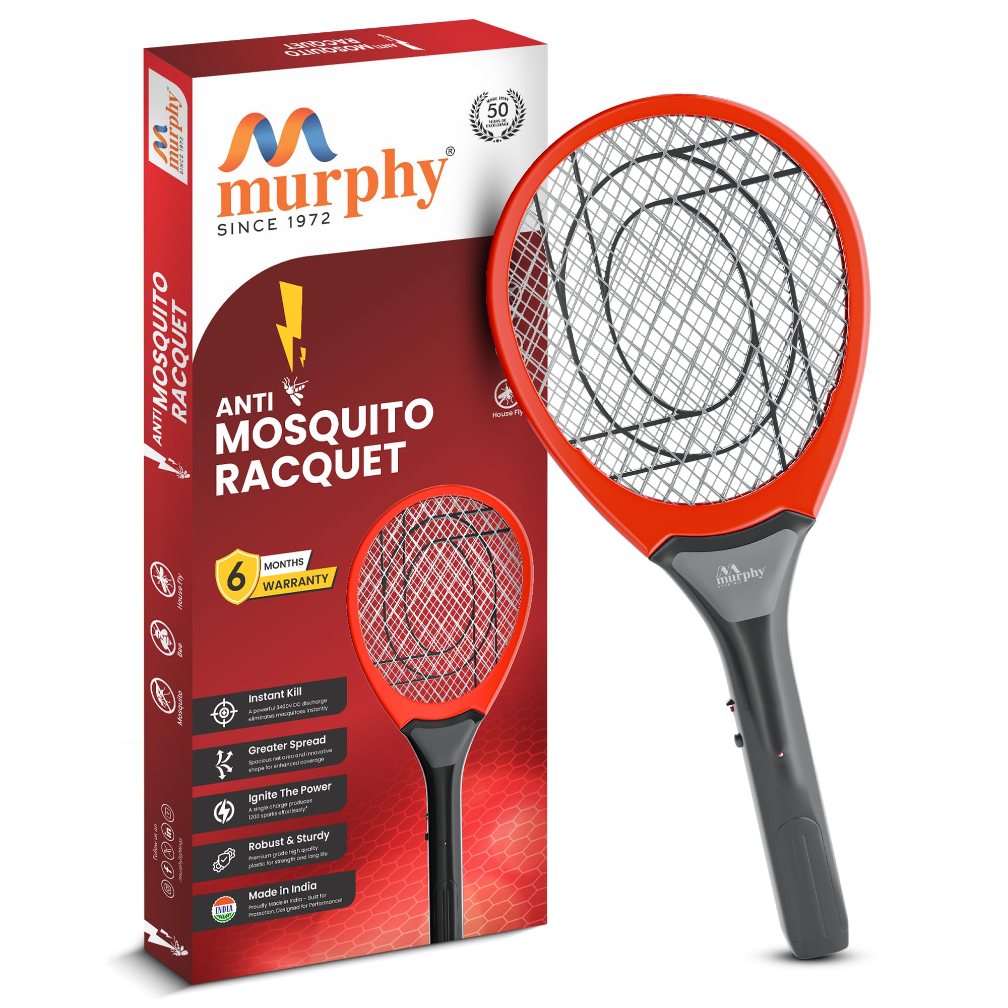 Murphy Electric Mosquito Racquet with 6 Months Warranty, Instant Kill, Greater Coverage Area, Made in India