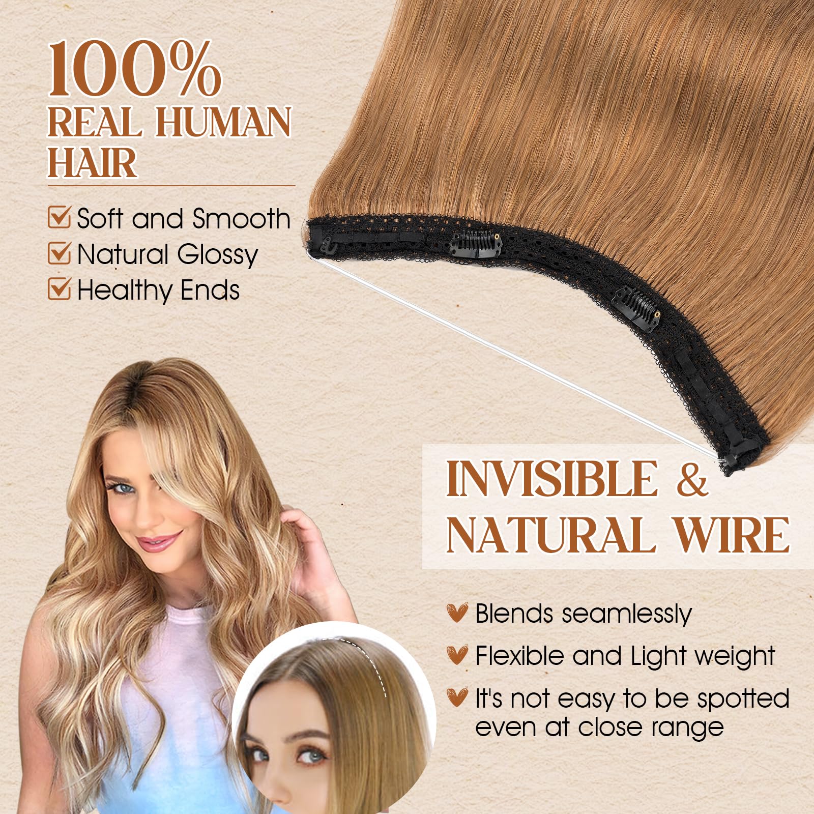 Benehair Wire Hair Extensions Real Human Hair Adjustable #6 Light Brown Secret Wire in Hair Extensions with Clips Straight 18 Inches (65g) - Image 2