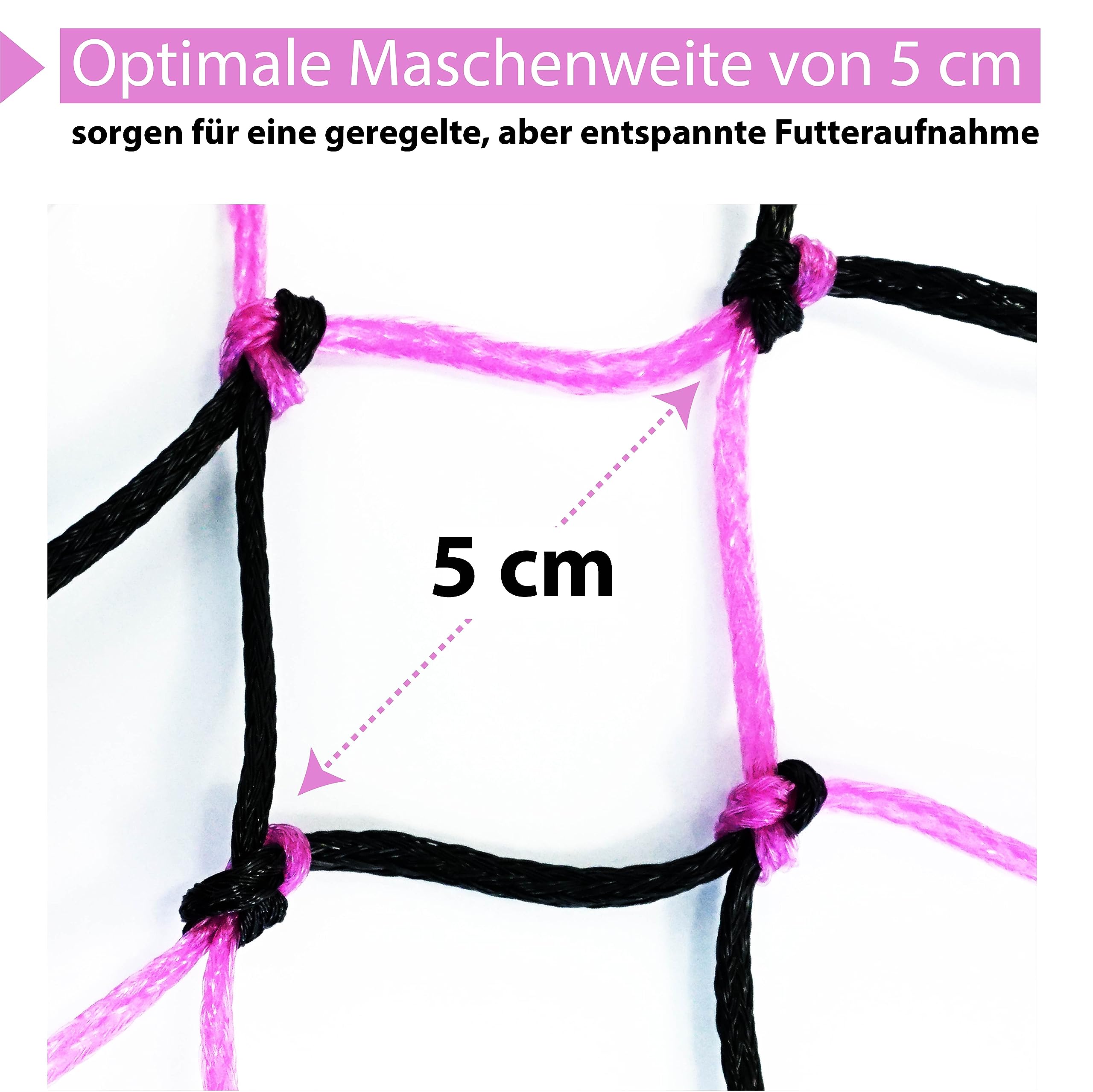 Extra großes Heunetz für Pferde 5 x 5 cm Maschen artgerechte Fütterung verbesserte Verdauung Heusack für unterwegs Futtersack für Ponys Jungpferde alte Pferde Ziegen (Schwarz-Pink, 2)