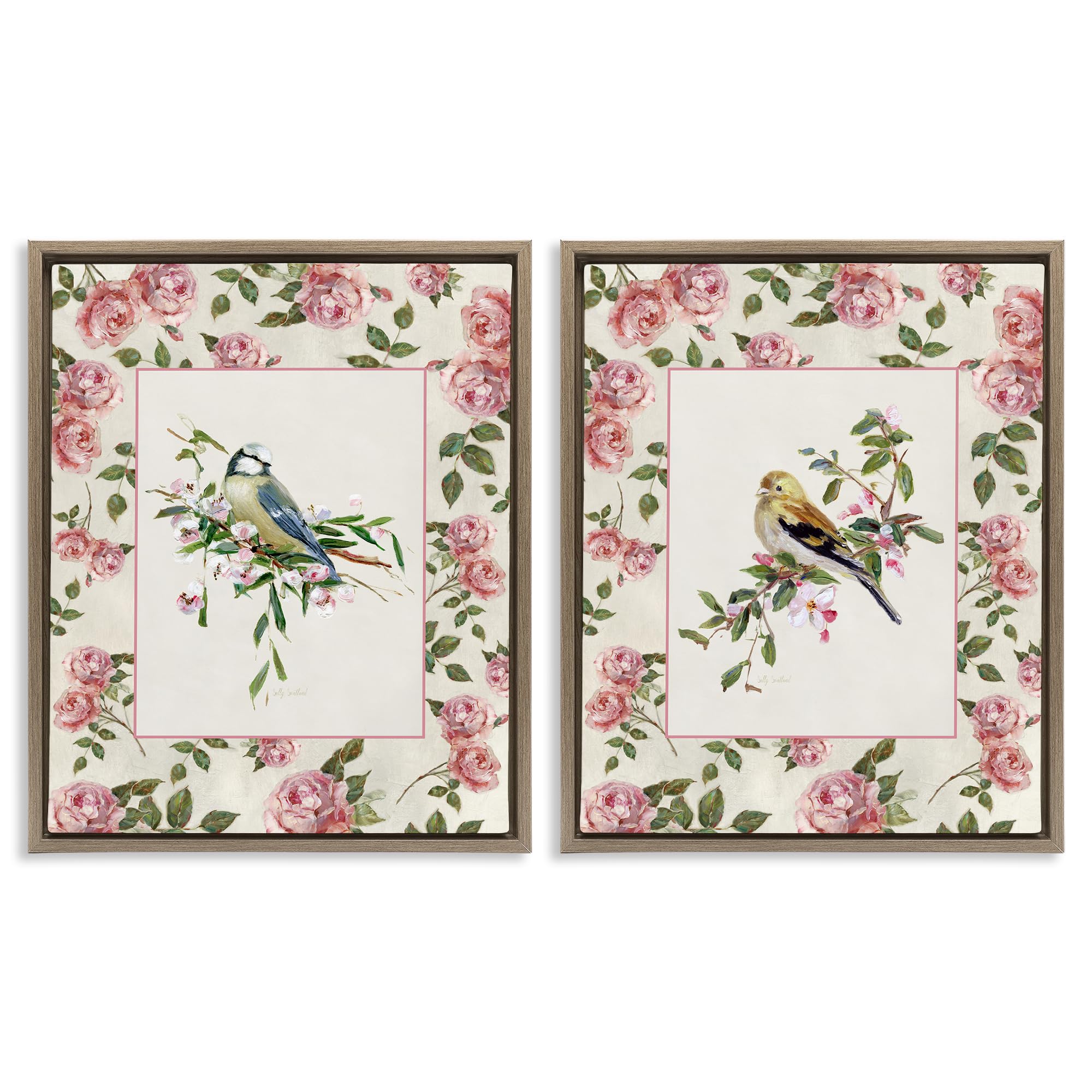 Stupell Industries Dainty Birds And Roses Dainty Roses And Birds Floral, 16 X 20 Inch Canvas In Floater Frame Set