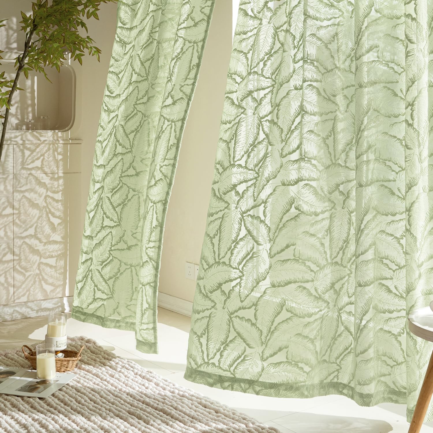 MIULEE Gardinen Voile Vorhang Vorhänge mit Blattmustern halbtransparent mit Ösen Curtains Schals für Wohnzimmer Schlafzimmer Kinderzimmer 2er Set 260×140cm (H×B) Grün