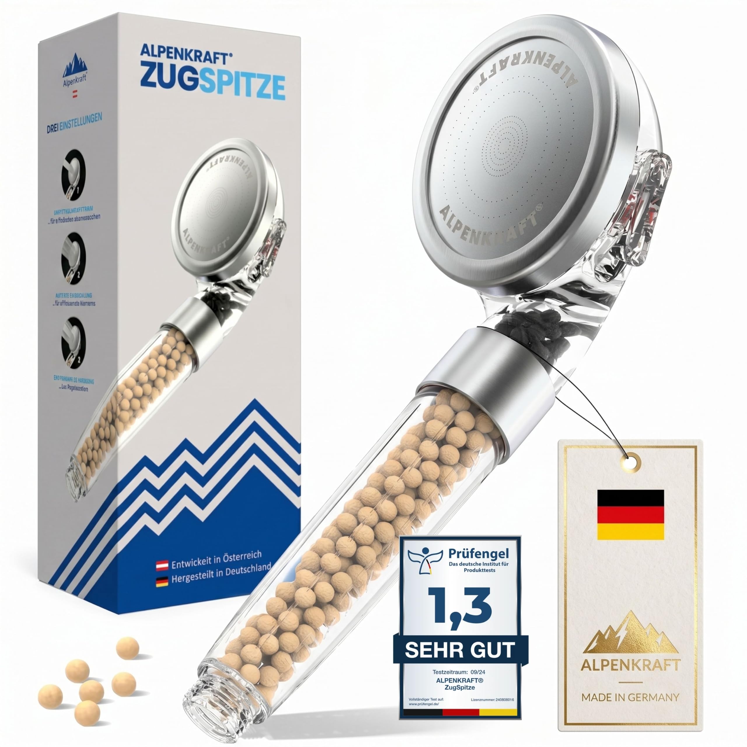 Zugspitze Duschkopf Original Made in Germany - Duschkopf wassersparend und druckerhöhend - Hochdruckduschkopf mit Aktivkohle und Zeolith Filterperlen