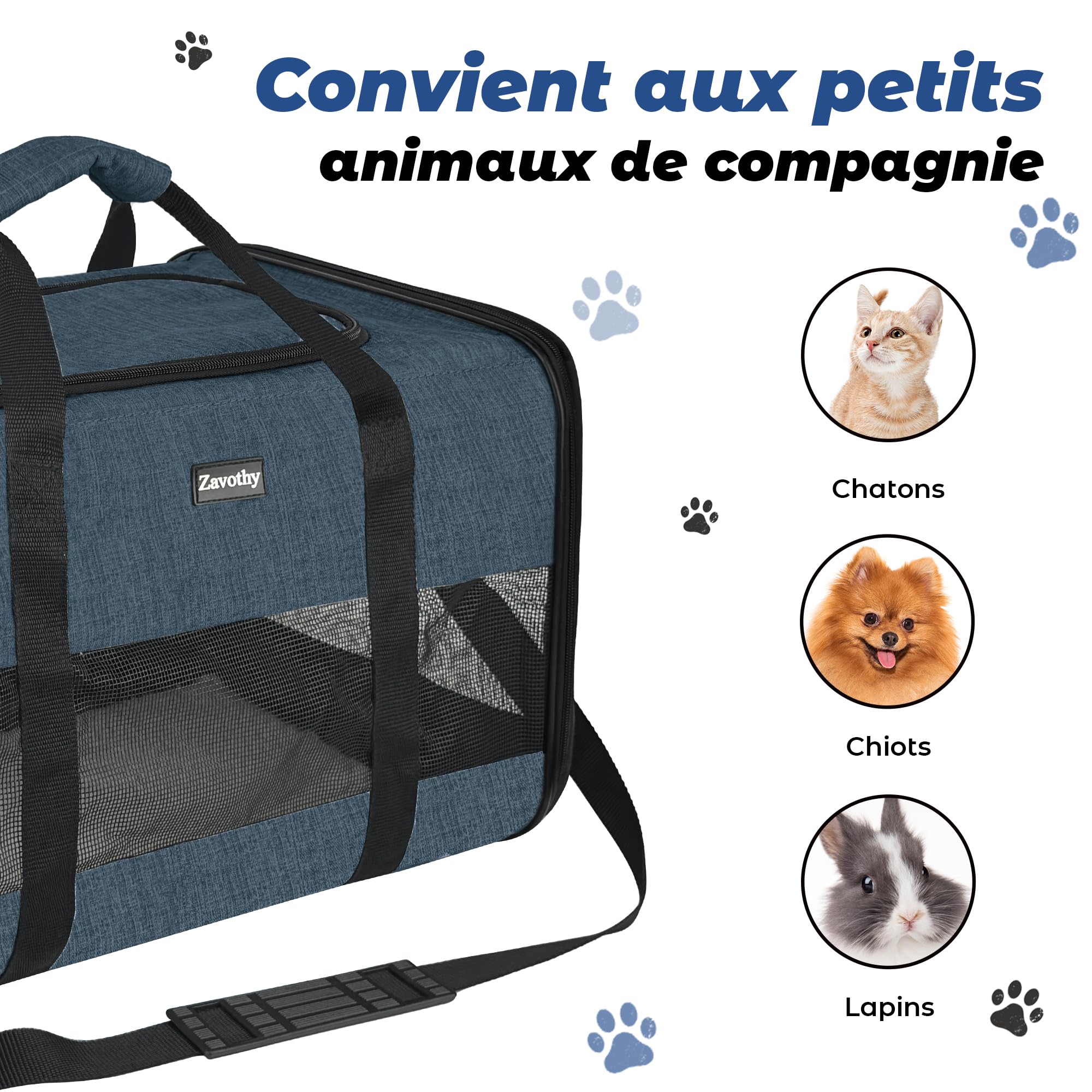 Zavothy Borsa per il trasporto per gatti e cani, borsa per il trasporto, traspirante e pieghevole, trasportino per gatti con tracolla regolabile, materasso in peluche rimovibile (blu scuro, L)