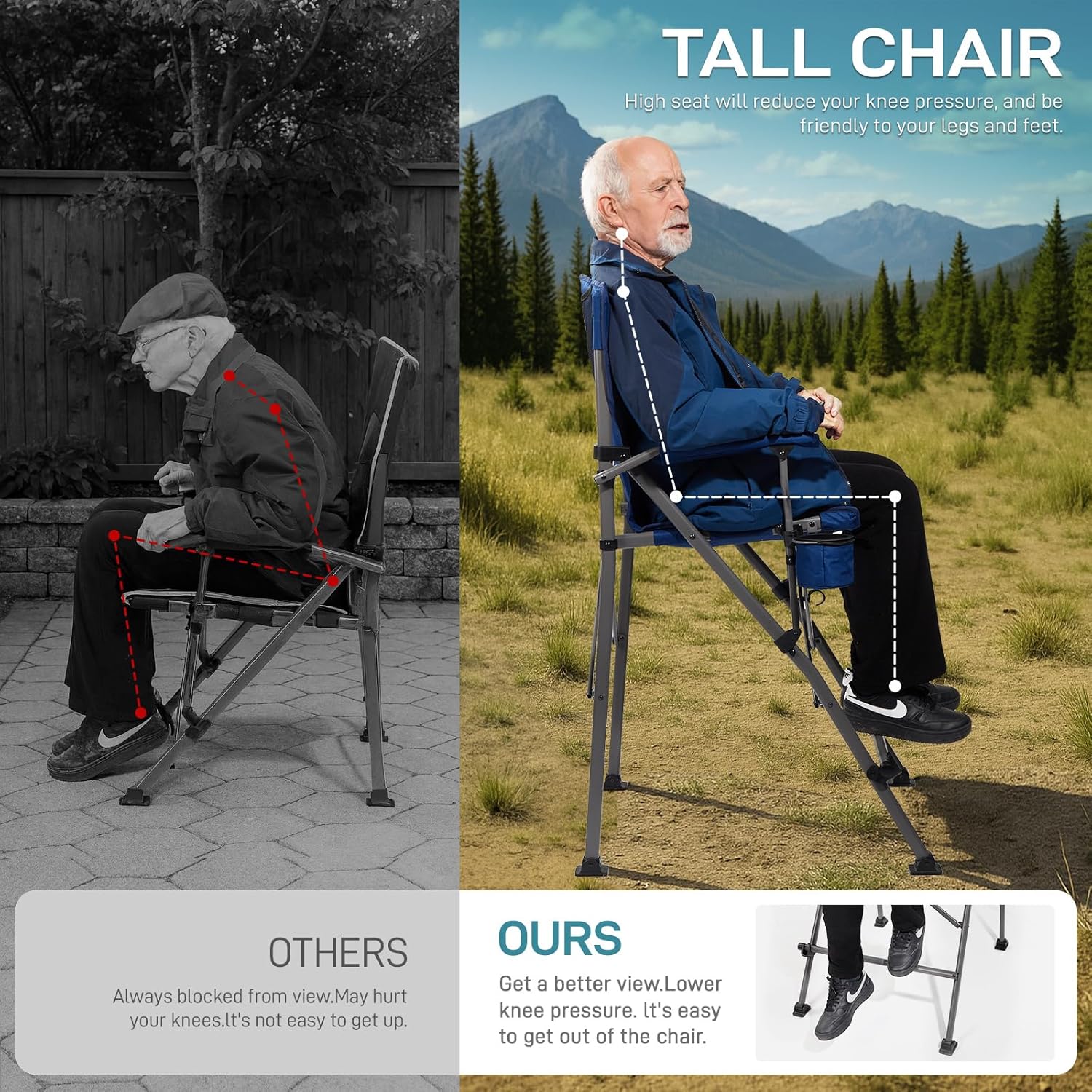 EVER ADVANCED Tall Camping Directors Chair with Cup Holder 31", Bar Height Folding Chair for Camping, Sports with Carry Bag, Mesh Pockets and Footrest, Heavy Duty 300 lbs, Blue