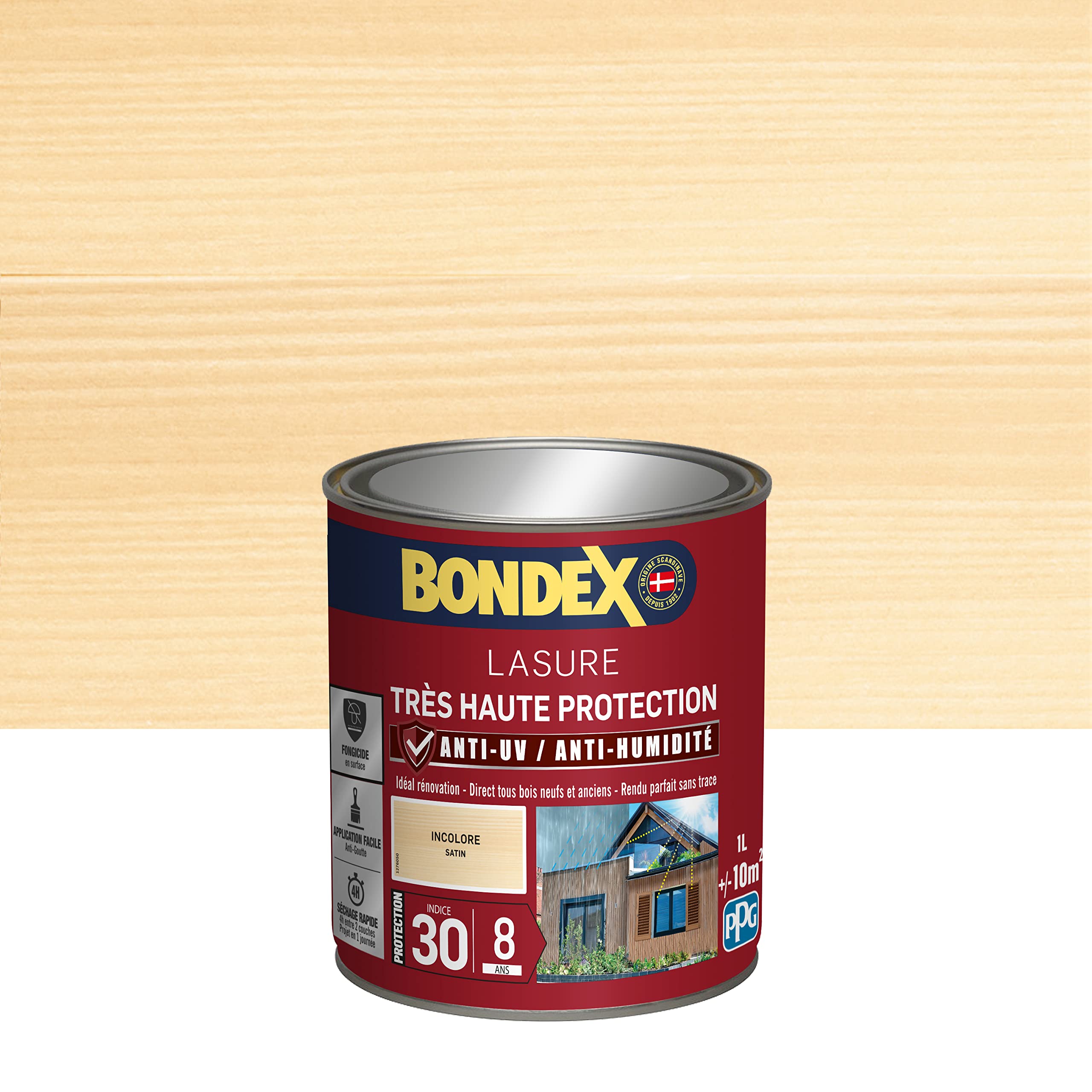BONDEX Lasure 2 en 1 Très Haute Protection 8 Ans Extérieur Incolore 1 L | Lasure Bois Très Longue Durée, Très Haute Protection, Bondex, Expert du Bois, Extérieur, Satin