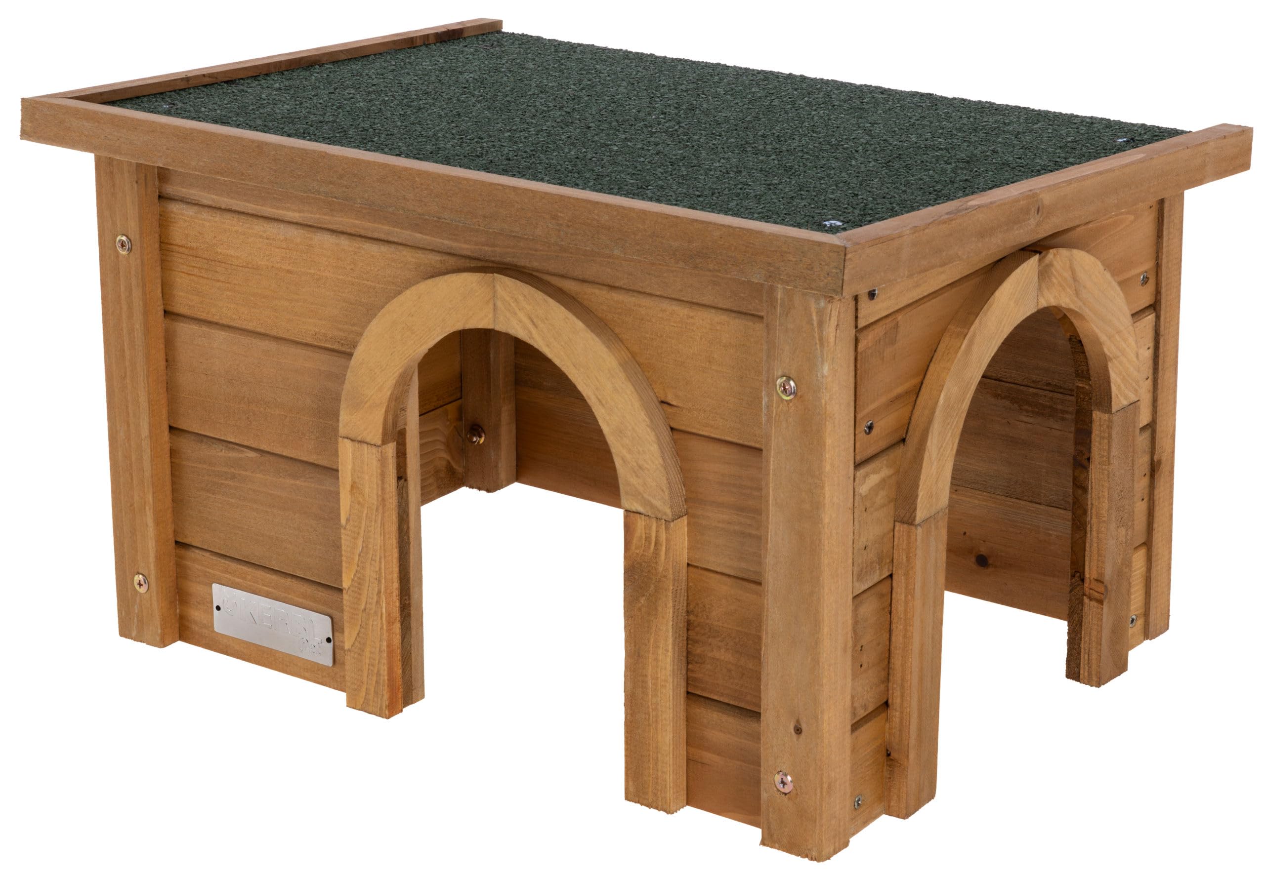 Kerbl Casa para roedores (casita de abeto, con tejado de betún resistente a la intemperie, dos entradas para almacenamiento adecuado, apta para recintos exteriores, refugio para conejos) 82852