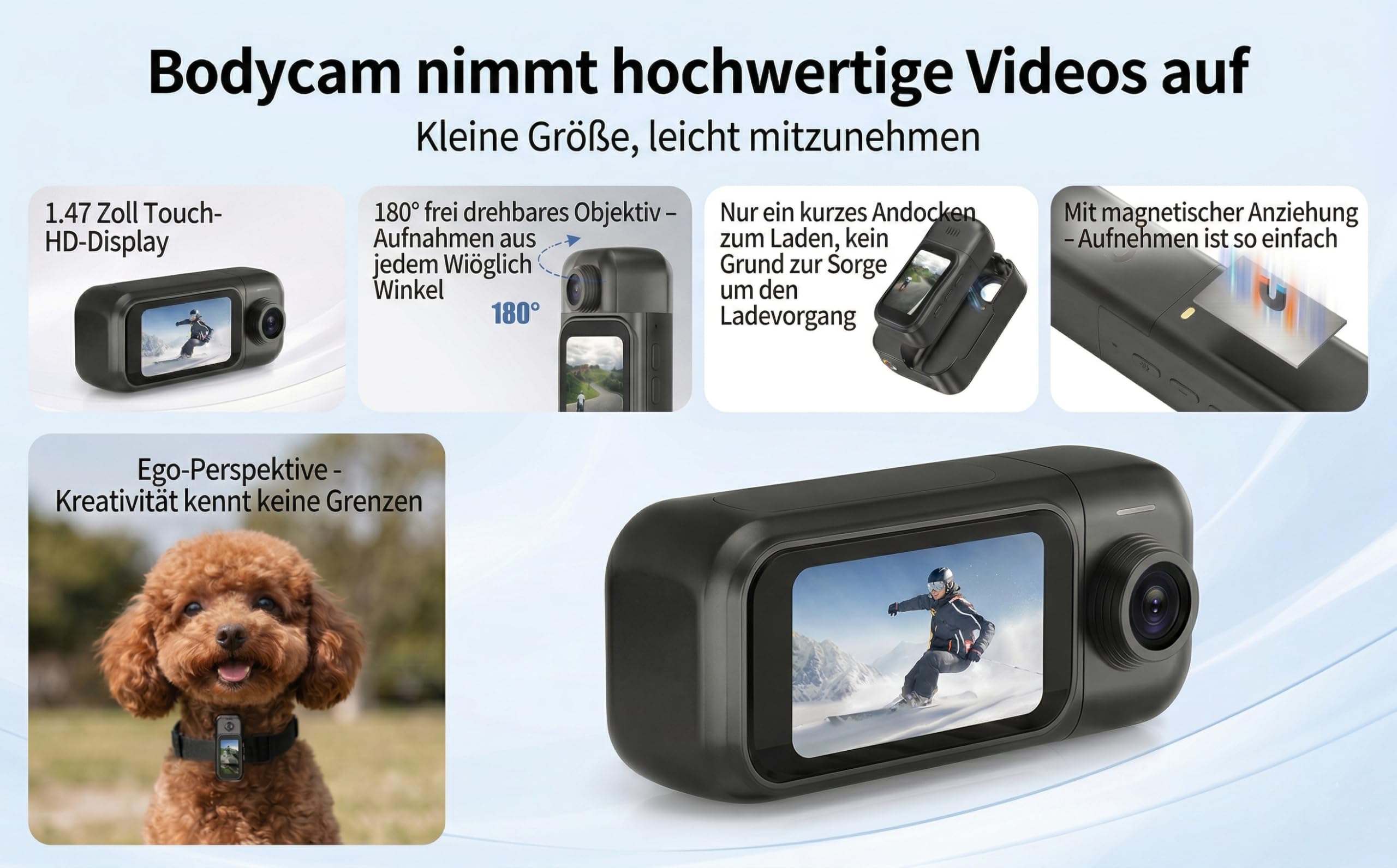 Action Cam 4K Bodycam 64GB, 1.47 Zoll Touch Display, Ladecase, Linse 180 Grad drehbar + 360 Grad Clip, Magnetische Halterung, 30m Wasserdicht, 3h Akku für Sport, Motorrad, Tauchen UVM.