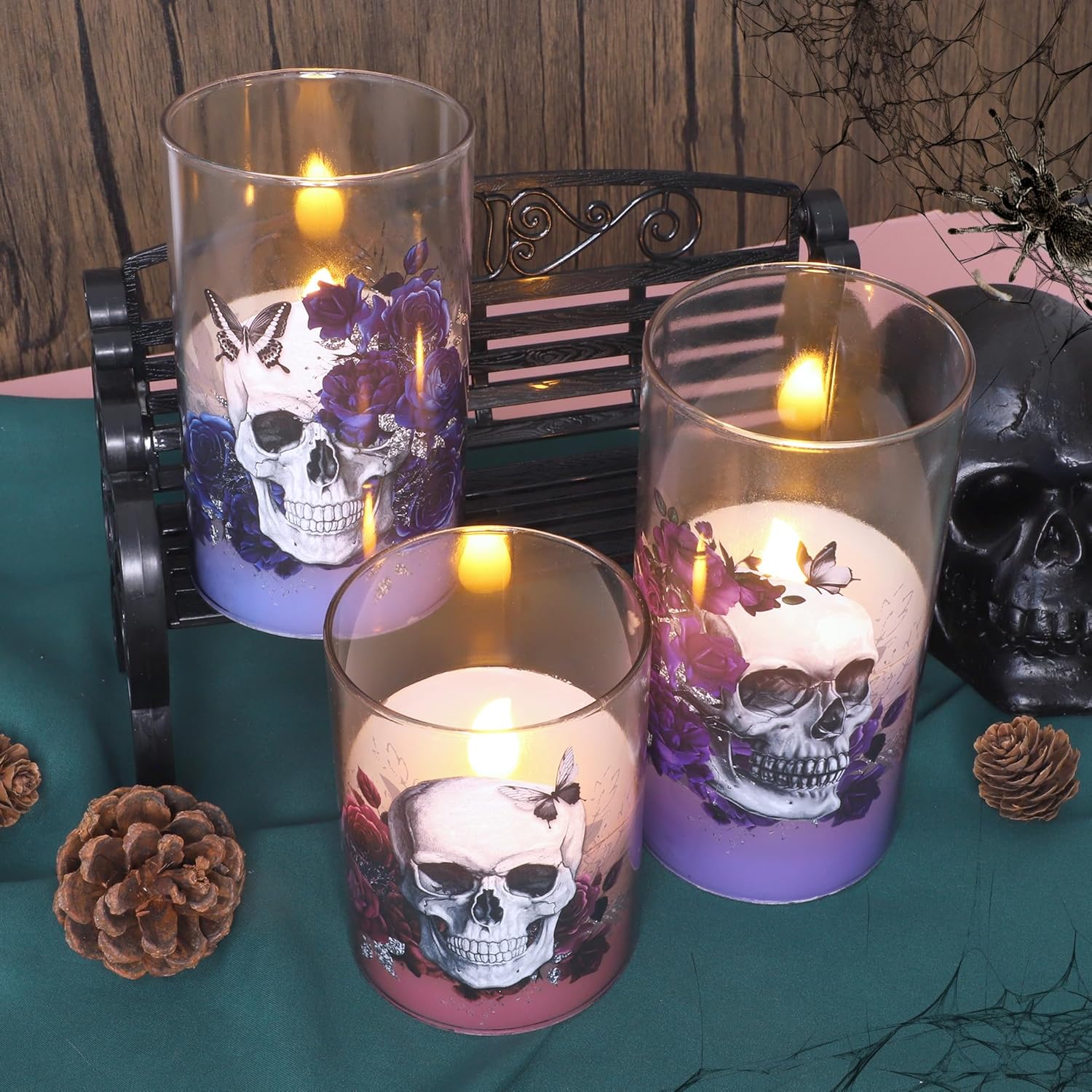 Halloween Decor Flameless Candles Battery Operated LED Pillar Candles with Remote Timer, Set of 3 Skull Rose Butterfly Decals Spooky Themed Candles for Indoor Halloween Decorations