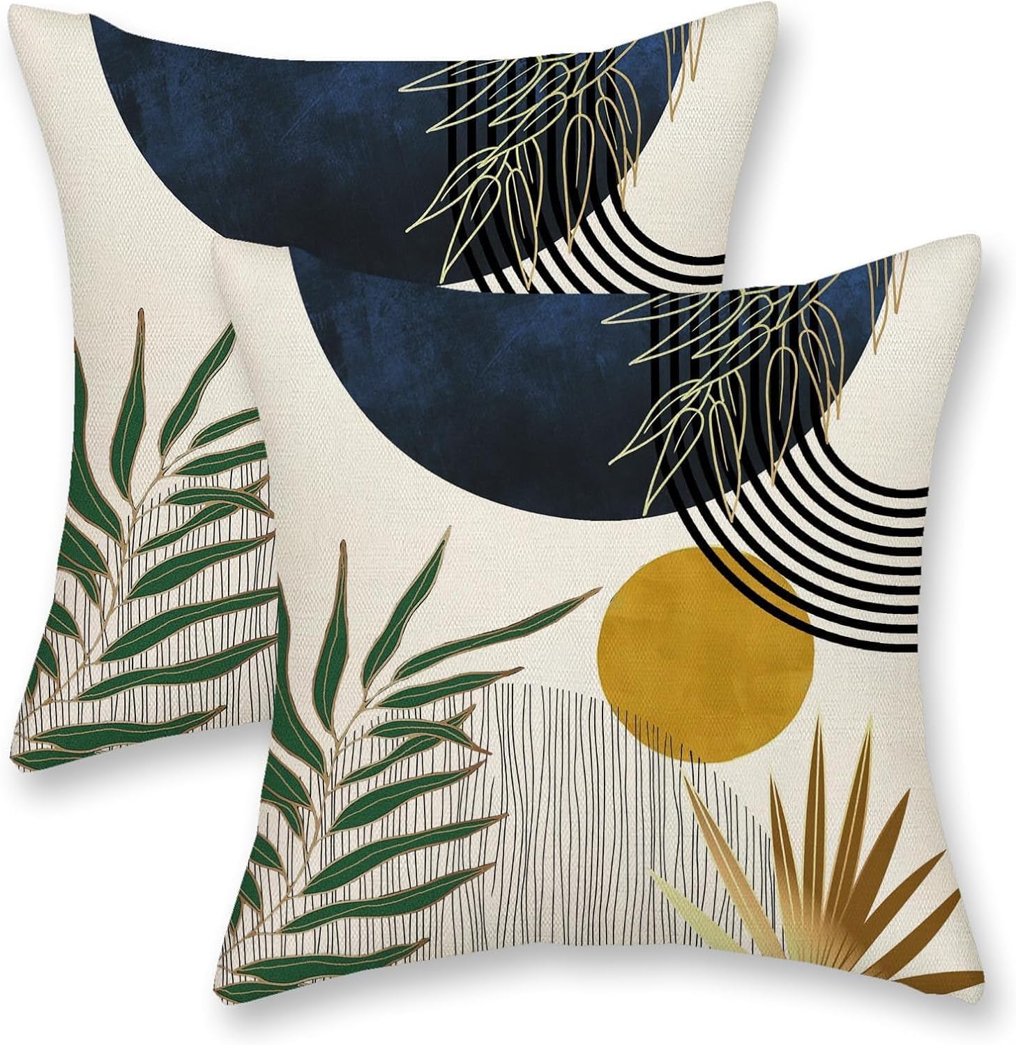 Boho Pillow Covers,18x18 Inch (45x45cm)2 Pcs Tropical Leaf Mid Century Outdoor Decor Throw Pillows Modern Geometric Farmhouse Decoration Pillowcase Linen Cushion Cover for Couch Sofa (Navy Blue)