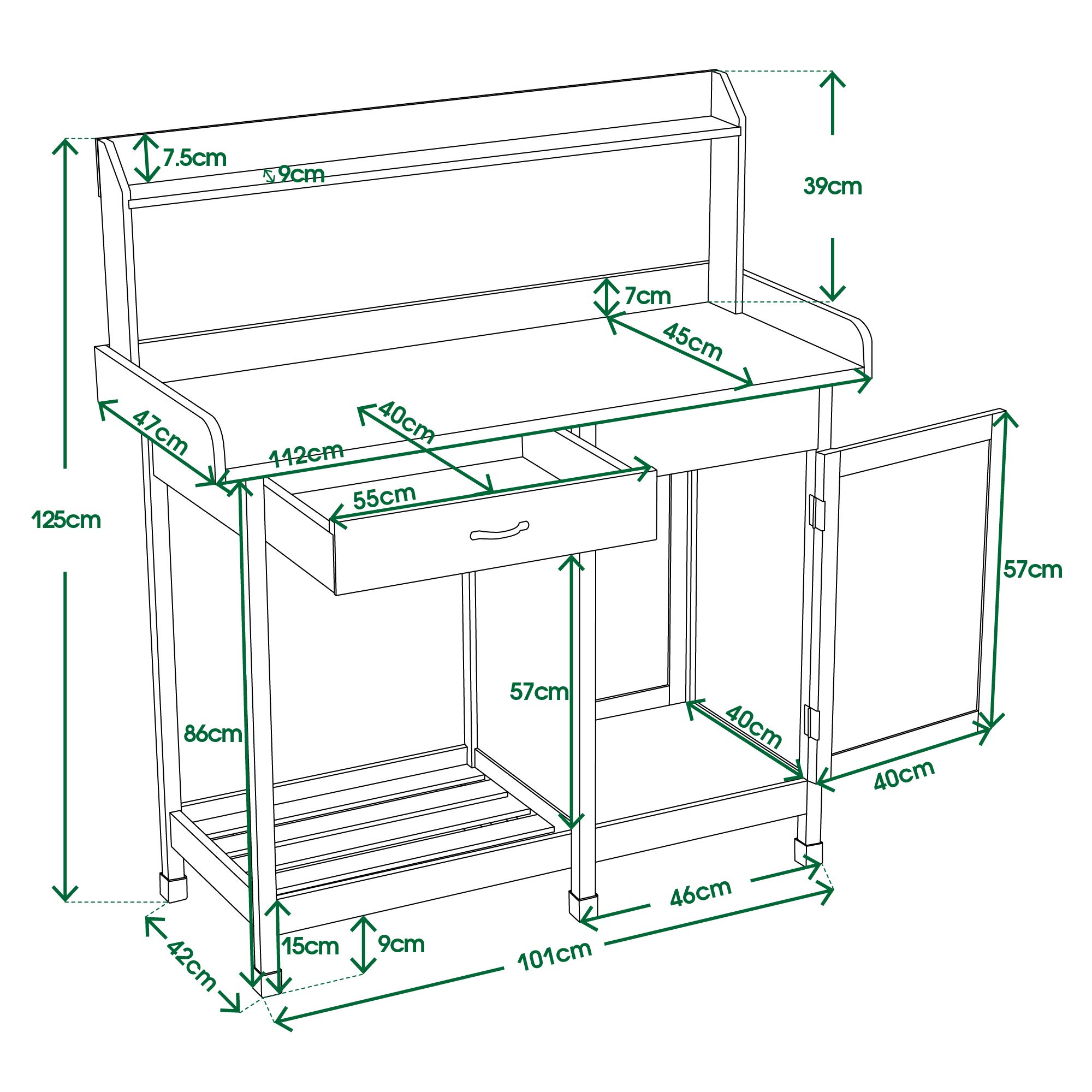M MCombo Tavolo Giardinaggio Cassetto, Ripiano, Piano Zincato & Armadio, Tavolo Giardiniere Impermeabile 3 Ganci, Tavolo Piante Legno Massello Giardino/Balcone/Terrazza, 0440 (Naturale)