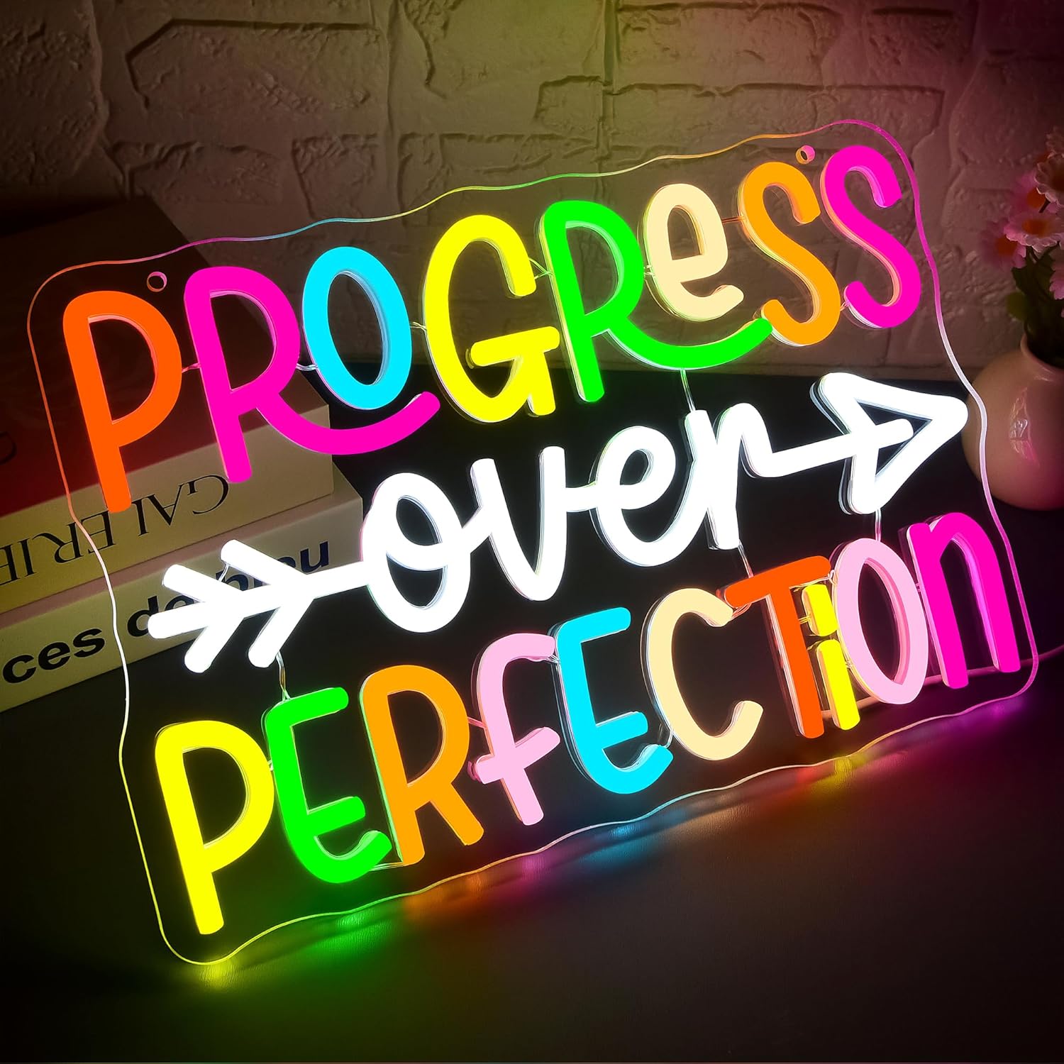 Progress Over Perfection Neon Sign for Wall Decor Dimmable Inspirational LED Neon Light for Classroom Decor Affirmation Positive Wall Art for Mental Health Gym Office Study Size 13.9 * 9.4in(GLNP242) - Image 2