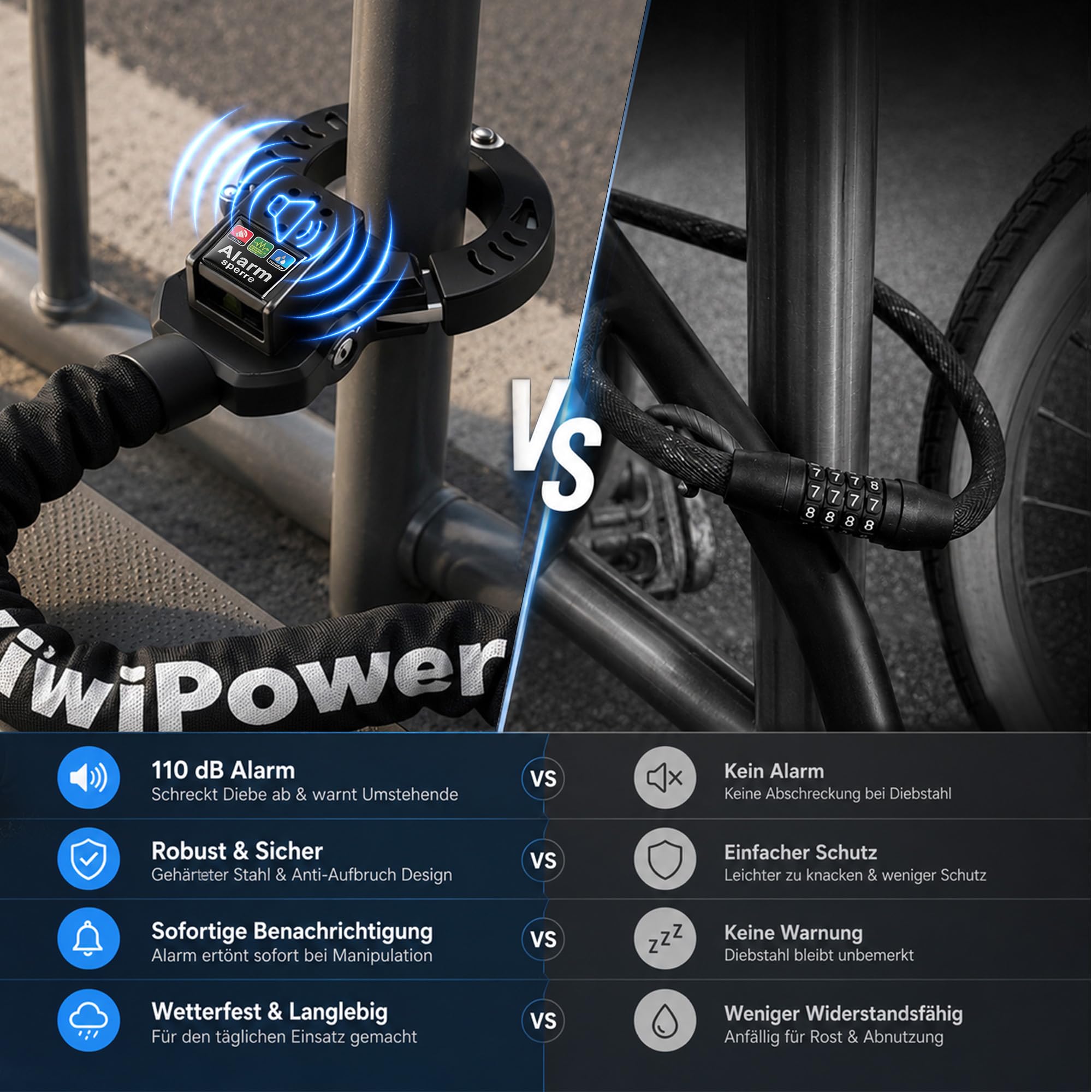 Antivol pour scooter électrique avec alarme 110 dB, menottes avec clé, chaîne de 90 cm avec poche, chaîne en acier de 8 mm, protection antivol pour scooter électrique, vélo, vélo électrique