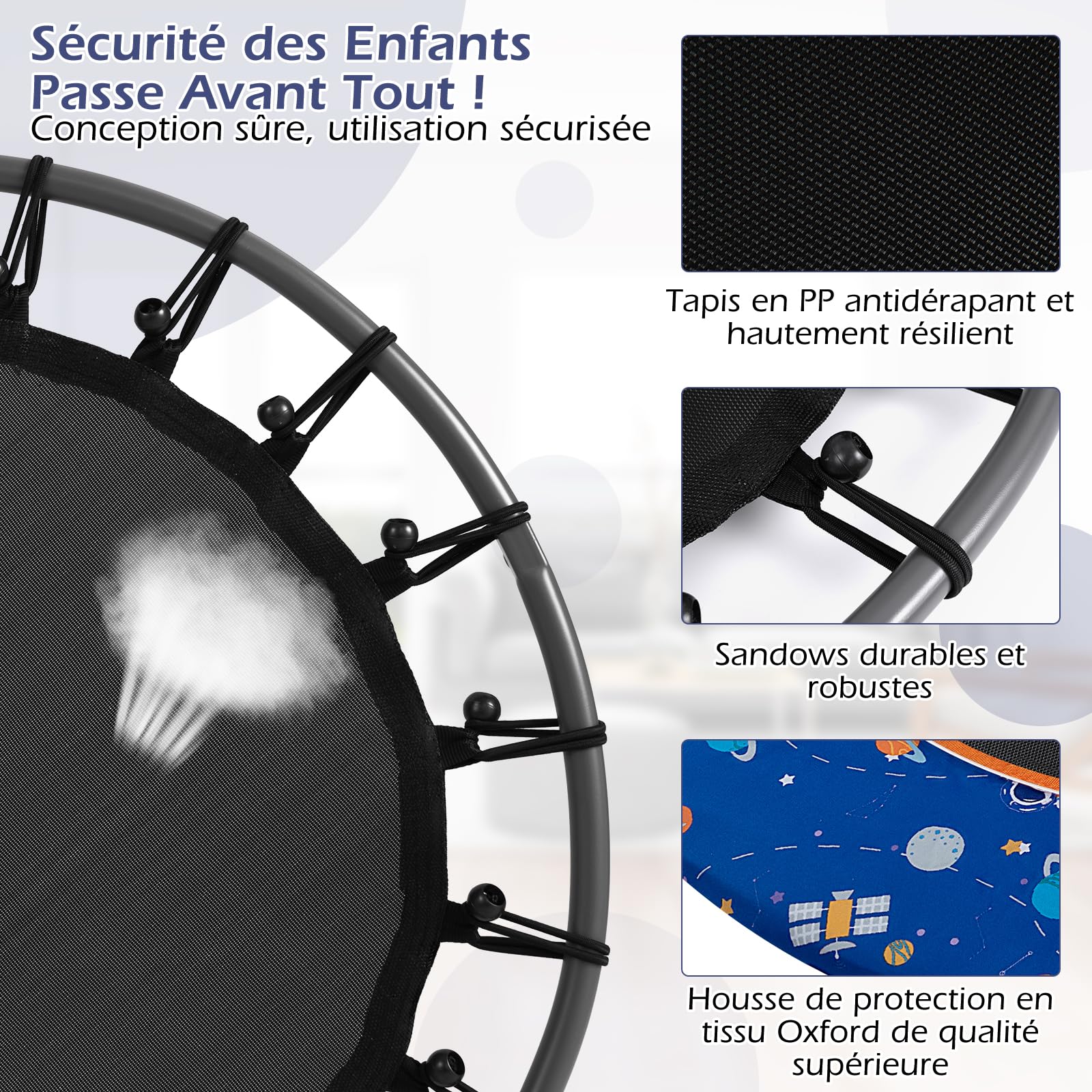 COSTWAY Trampoline Enfant Ø92CM avec 21 Lumières LED & Poignée Amovible, Mini Trampoline Exterieur Enfant avec Motif d'Astronaute & Tapis Antidérapant pour Enfant de 3-6 Ans