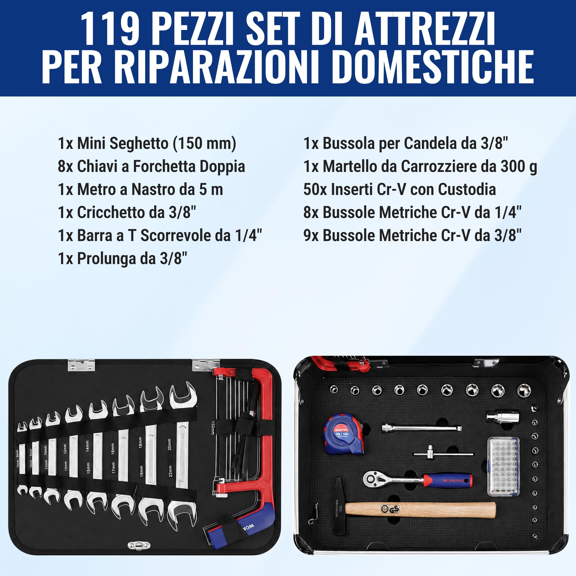 WORKPRO Cassetta Attrezzi da Lavoro Completa 119 Pezzi, Set di Attrezzi, Valigia Porta Utensili, Set Strumenti per Fai da Te
