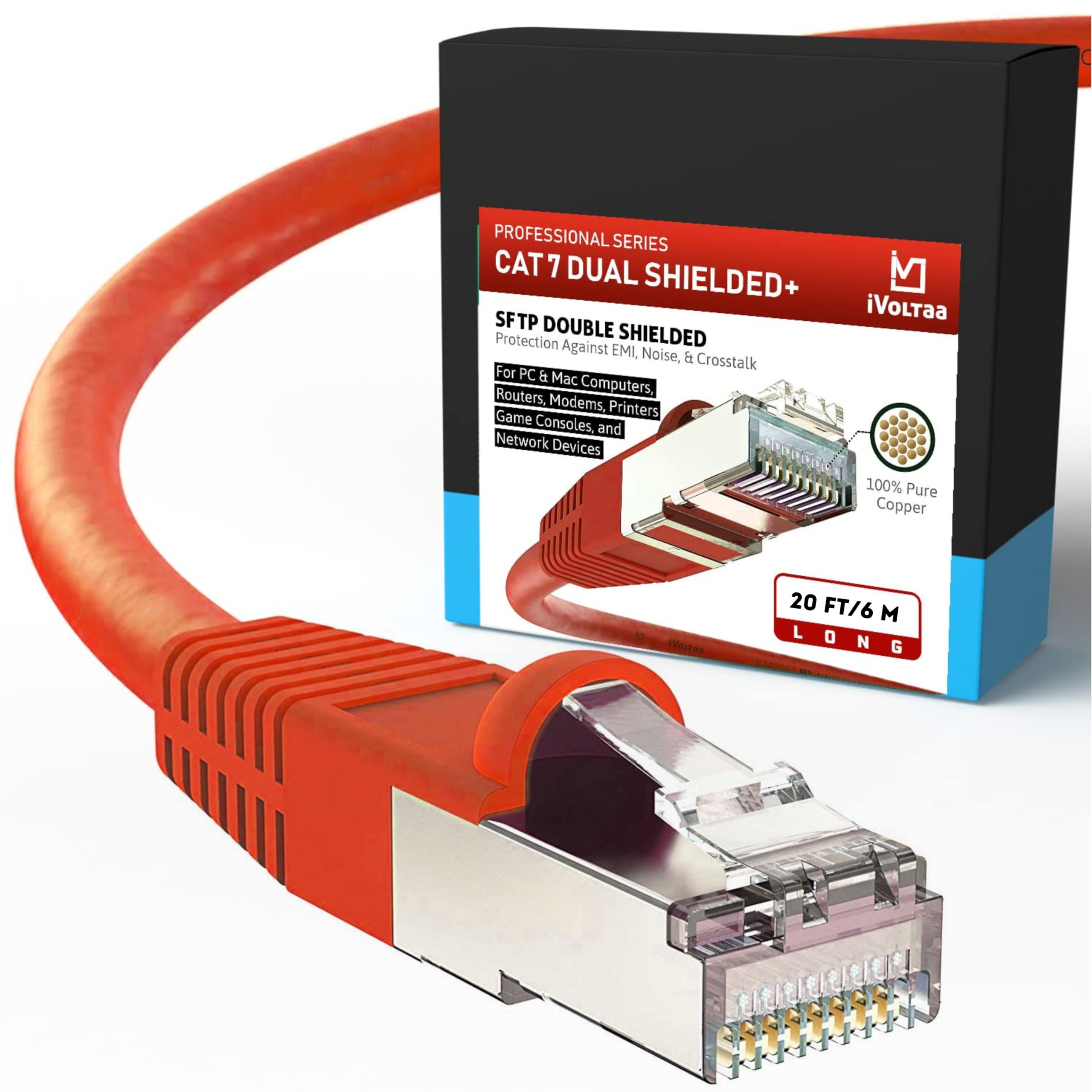 iVoltaa Ethernet Cable CAT7 Cable Dual Shielded SSTP, 100% Copper, Professional Series - 10 Gbps LAN Network/High Speed Internet Cable, 600MHZ - 20 feet (6.0 m)