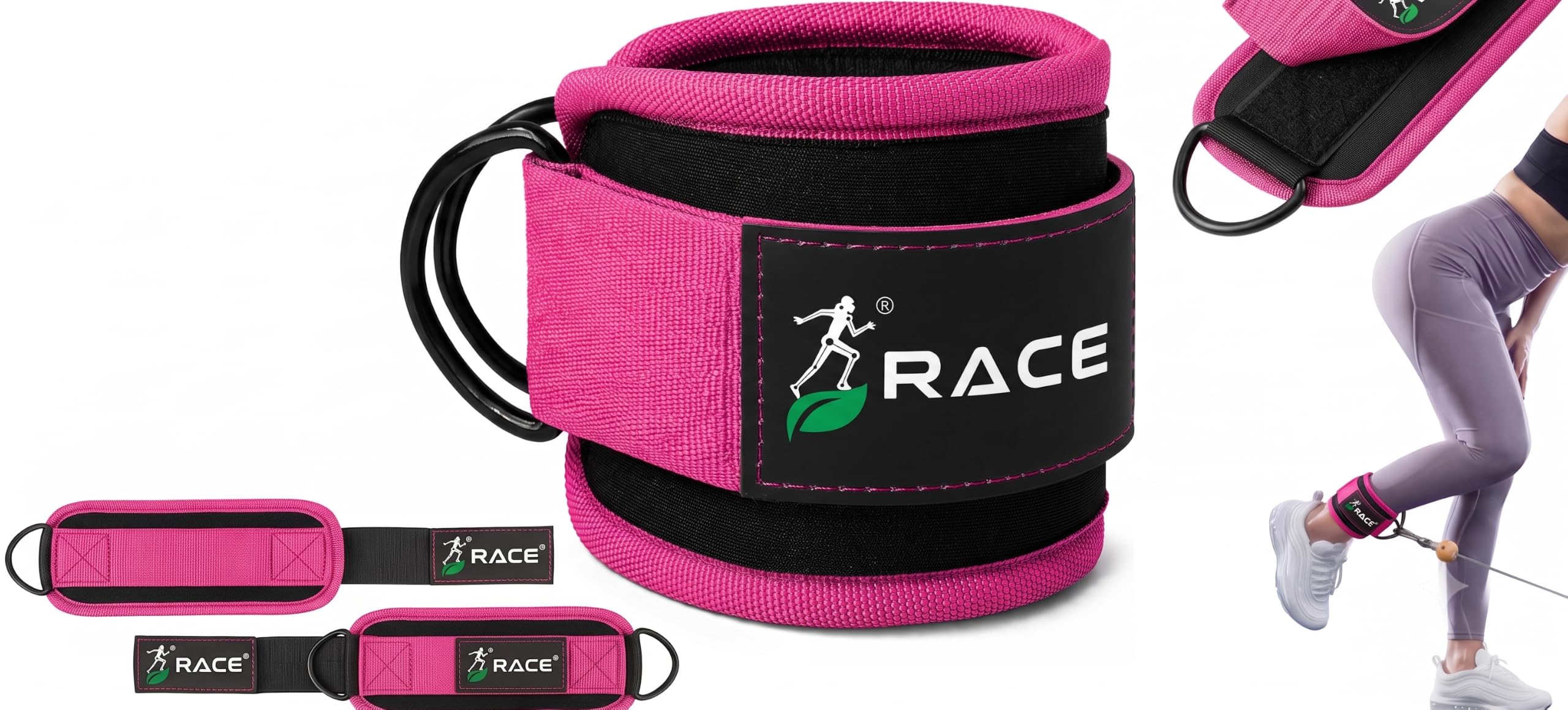 race® ankle straps for gym with metal d-rings unisex ankle strap for cable machine exercise padded ankle bands for leg extensions, kickback ankle gym accessories for men and women workout (pink)