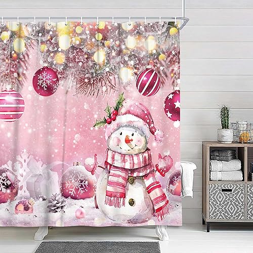 Cortina de ducha de Navidad de invierno, muñeco de nieve, bola rosa, copo de nieve, árbol de pino, cortina de baño para decoración de vacaciones,
