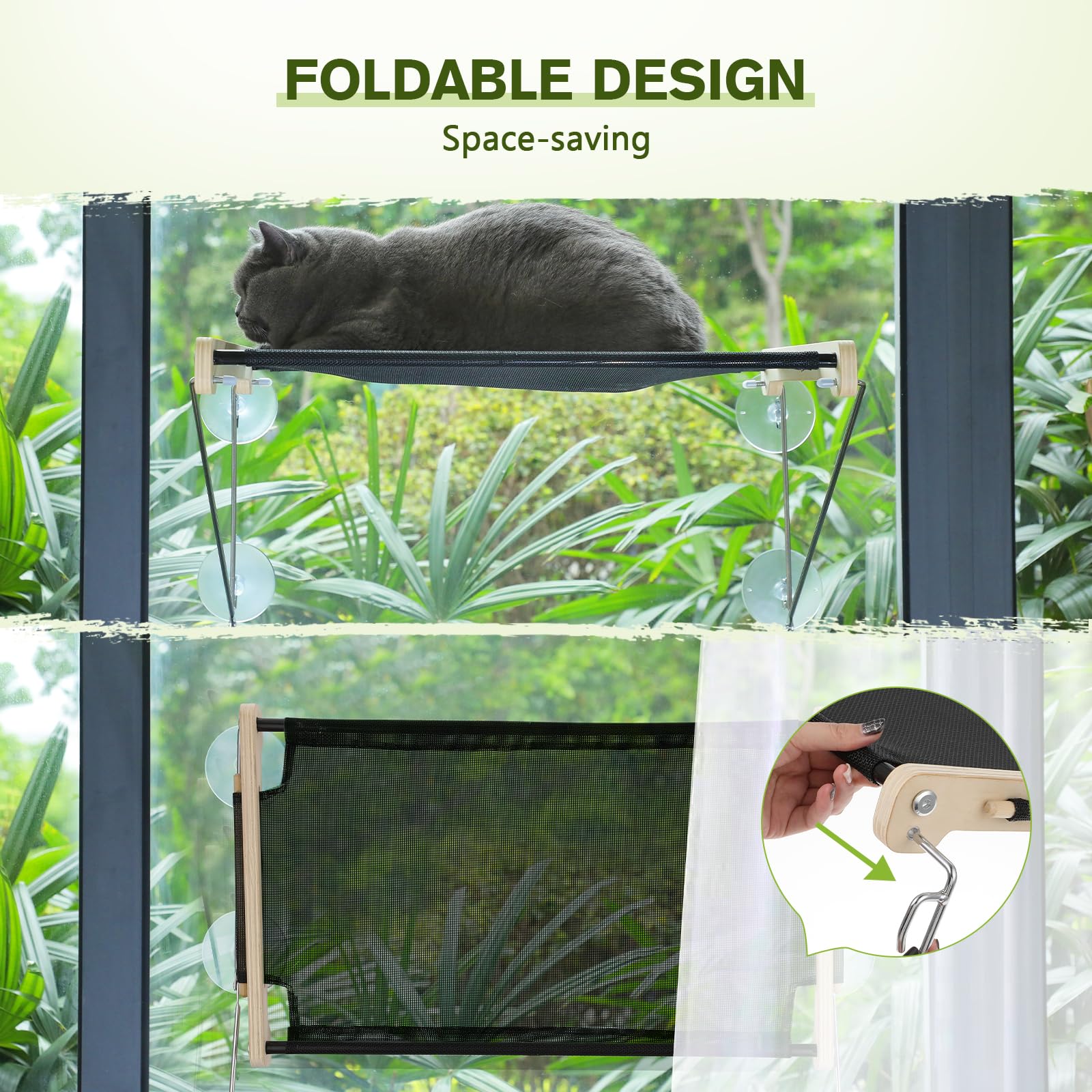 Pecute Katzen Fensterplätze (bis 20 kg), Fensterliege Hängematte für Katzen | Massivholz und Metall, Stabiles Fensterbrett, Hängebett Fenster mit Saugnapf, 58x36 cm